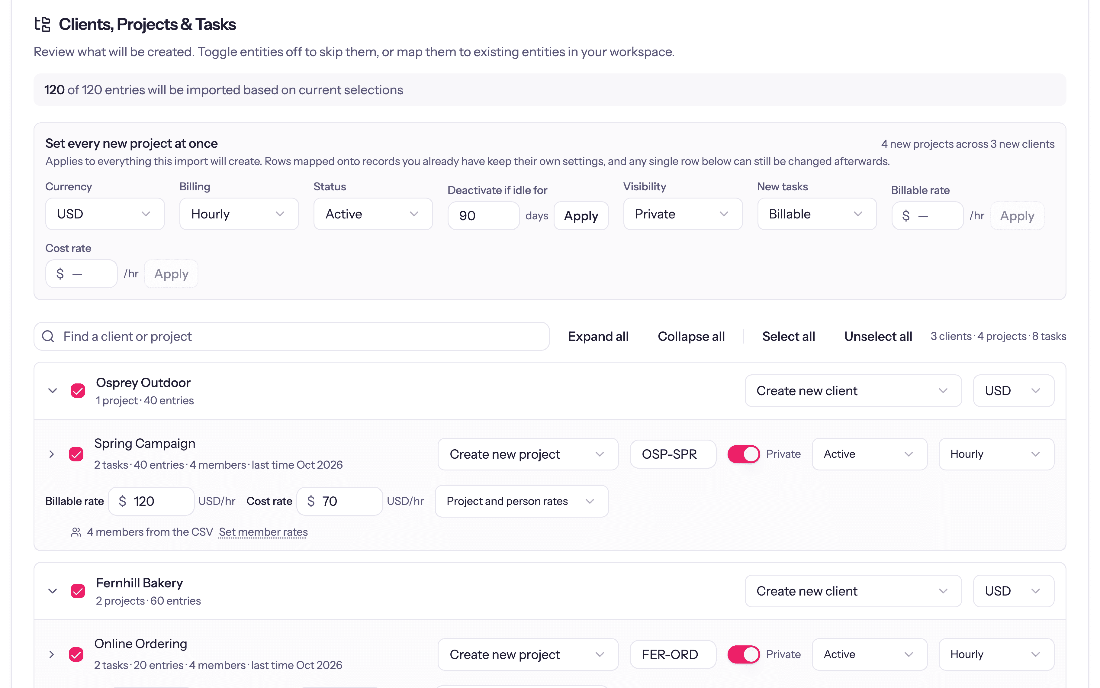Quanta's import review: the clients, projects and tasks a Harvest export will create, each one to keep, skip or map