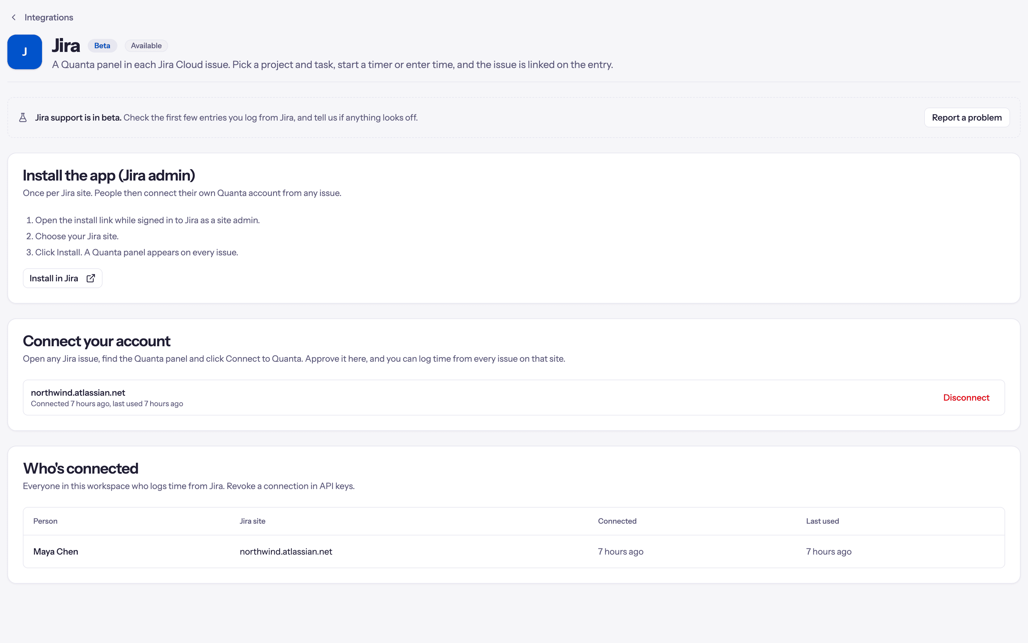 The Jira page in Quanta's settings, with the install link, your connected Jira site and who in the workspace is connected
