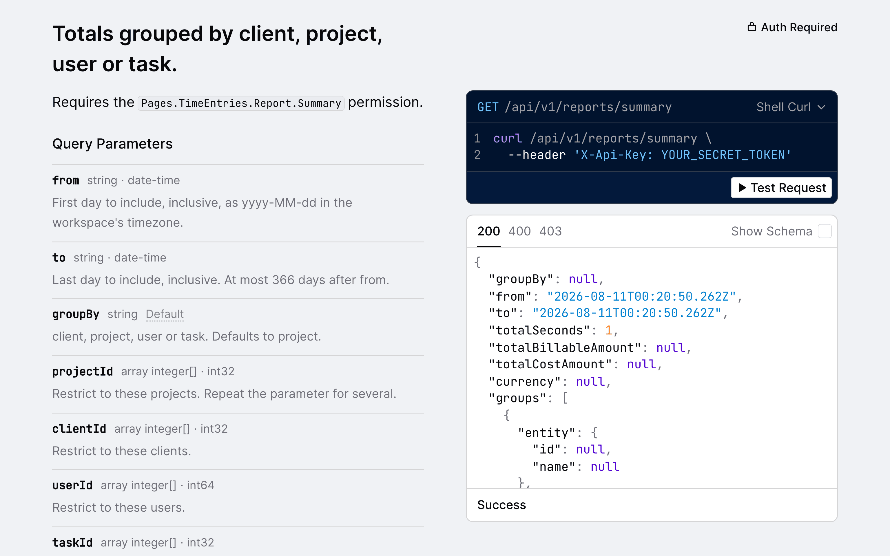 A Quanta API endpoint with its parameters and JSON response