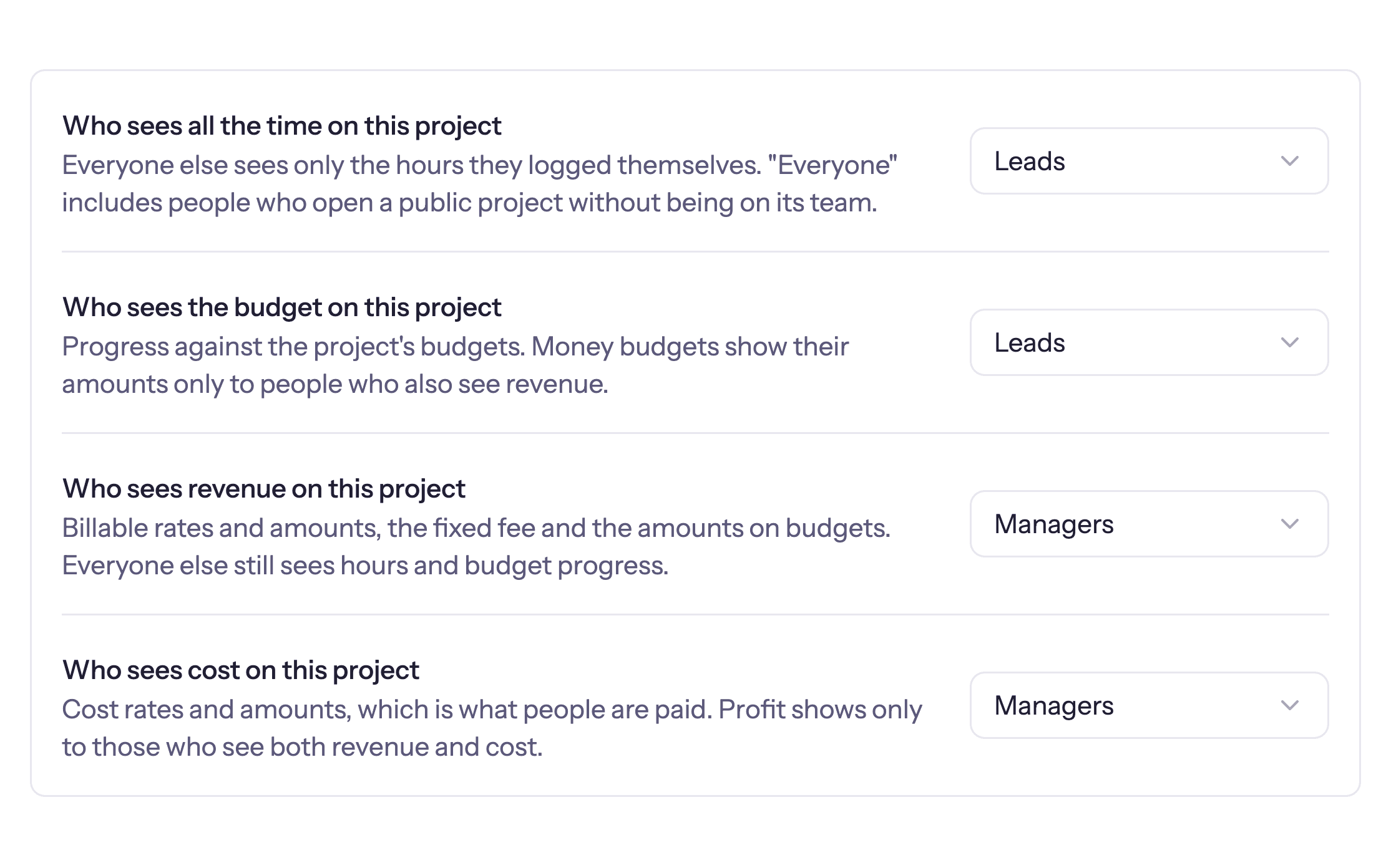 A Quanta project's Team tab, choosing who sees the time, budget, revenue and cost