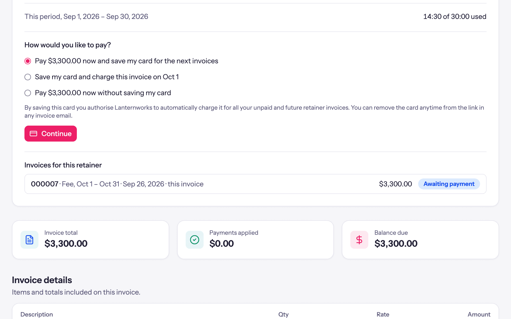 A retainer invoice in the client portal asking how the client would like to pay, with options to save a card