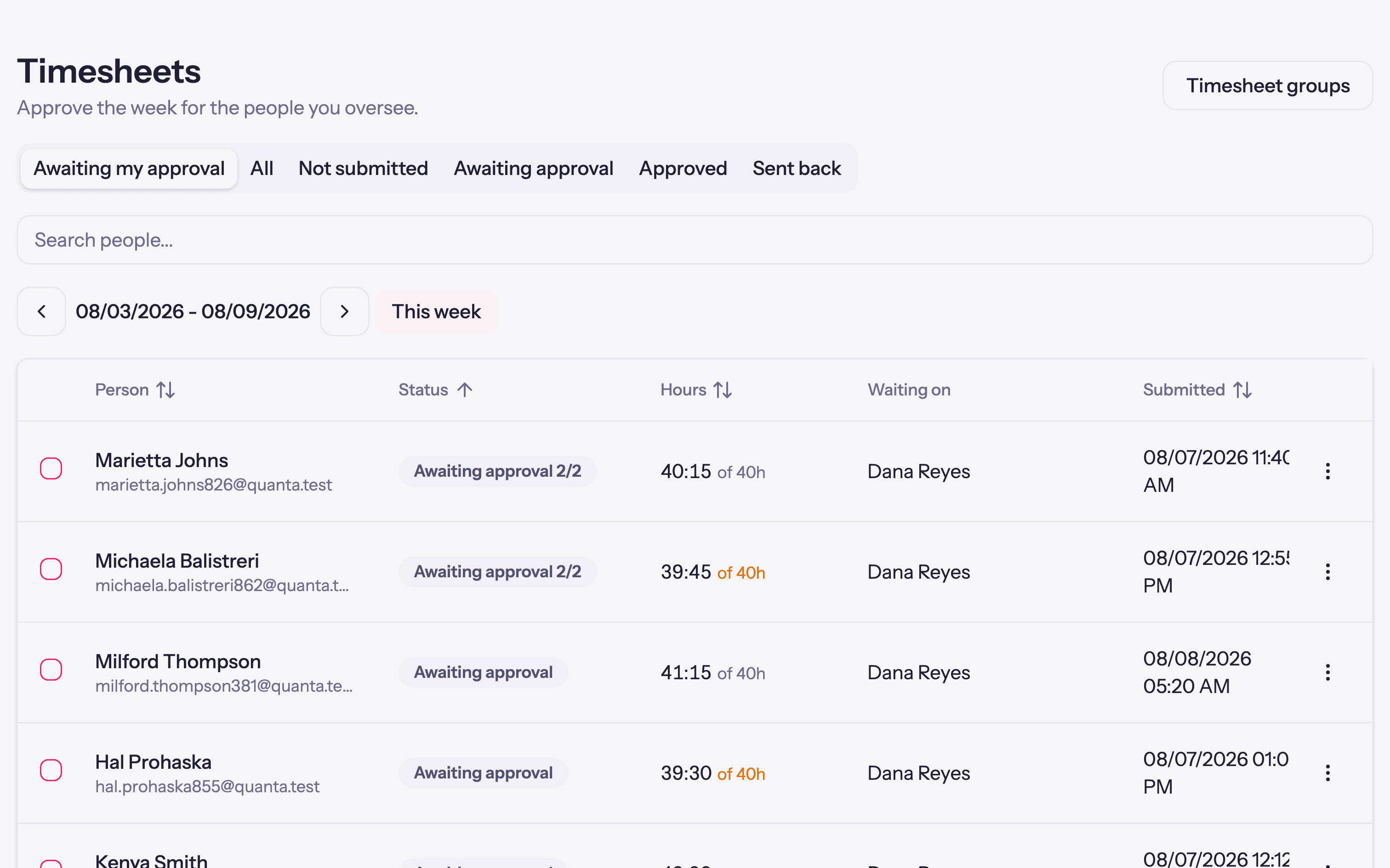 Quanta's timesheet approvals list, with each week's hours and status