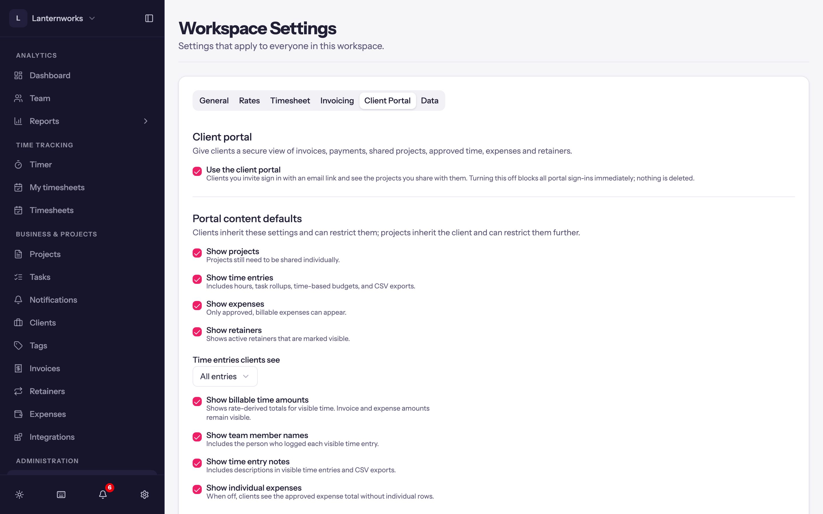 The Client Portal tab in Workspace Settings: Use the client portal, then the portal content defaults.