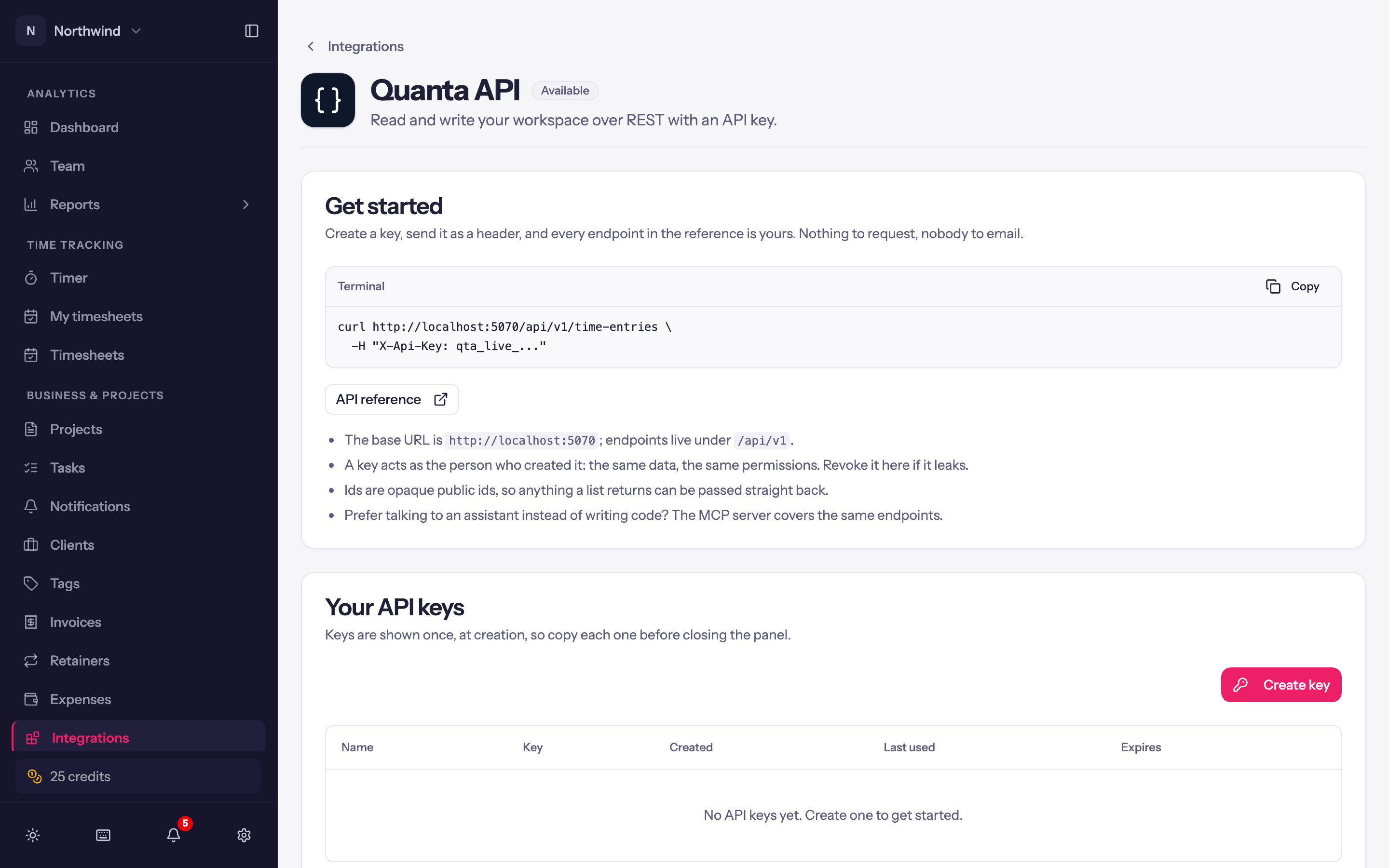 The Quanta API page: the curl example and your API keys.