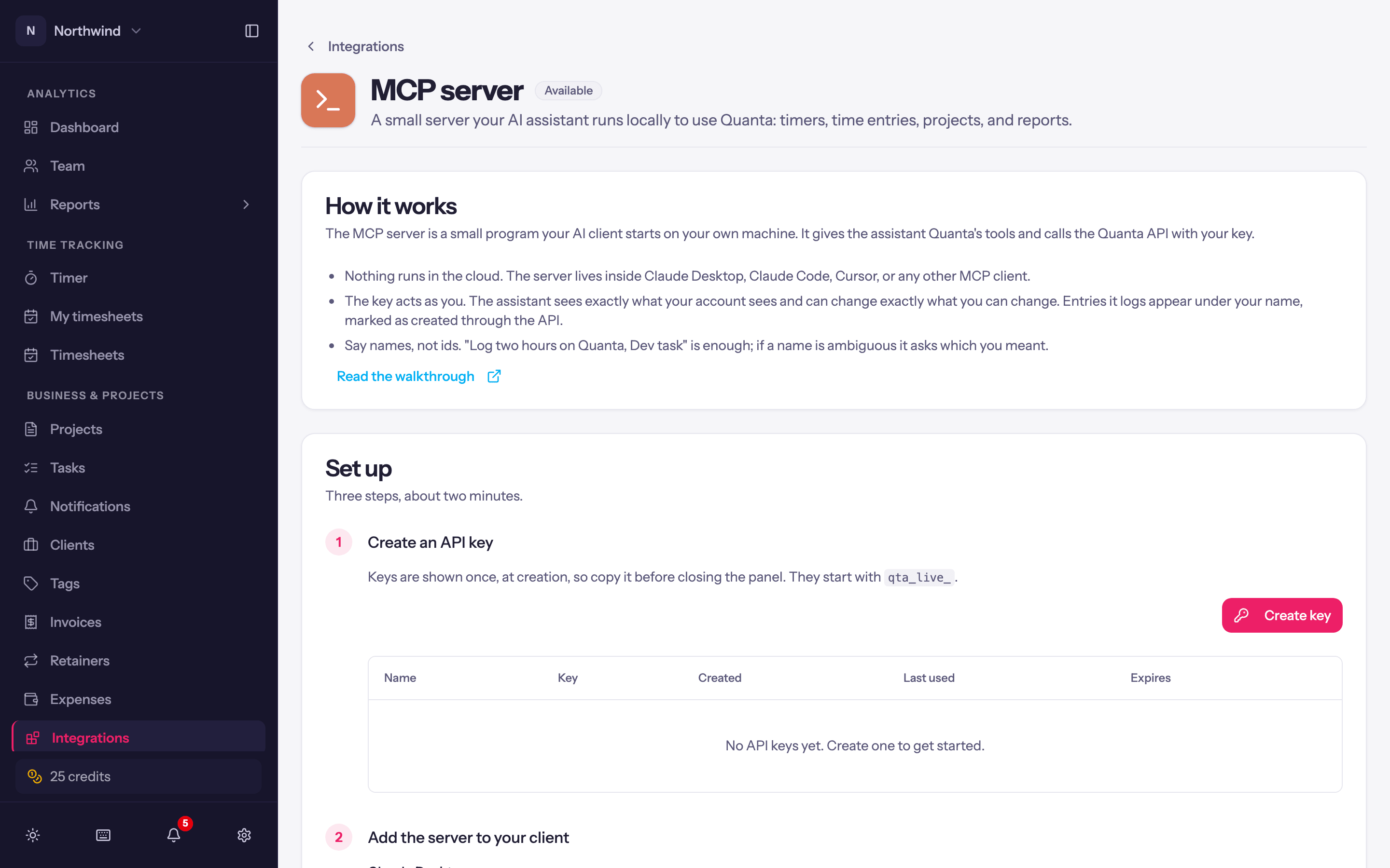 The in-app MCP server guide with the config snippets.