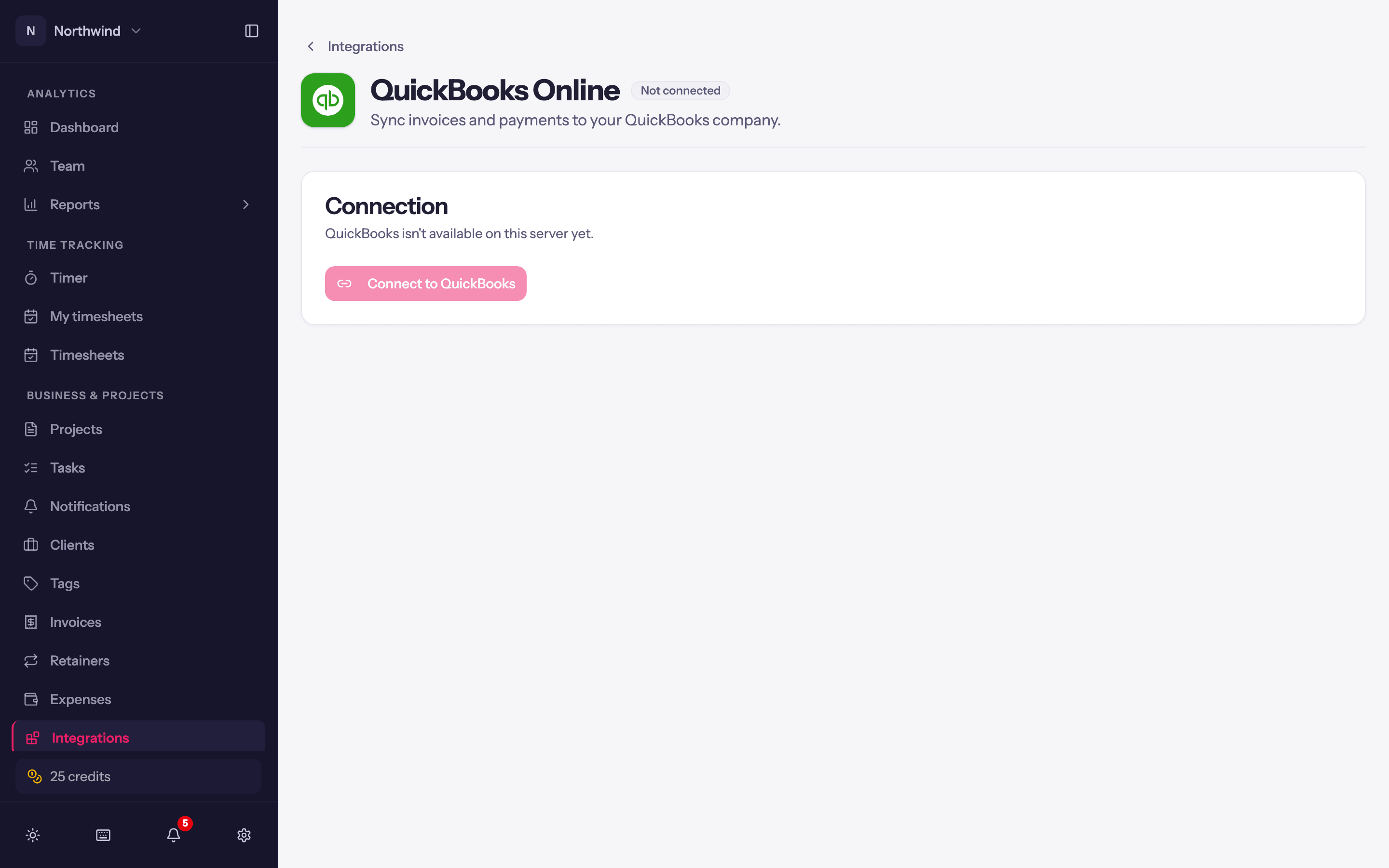 The QuickBooks Online integration page before connecting.