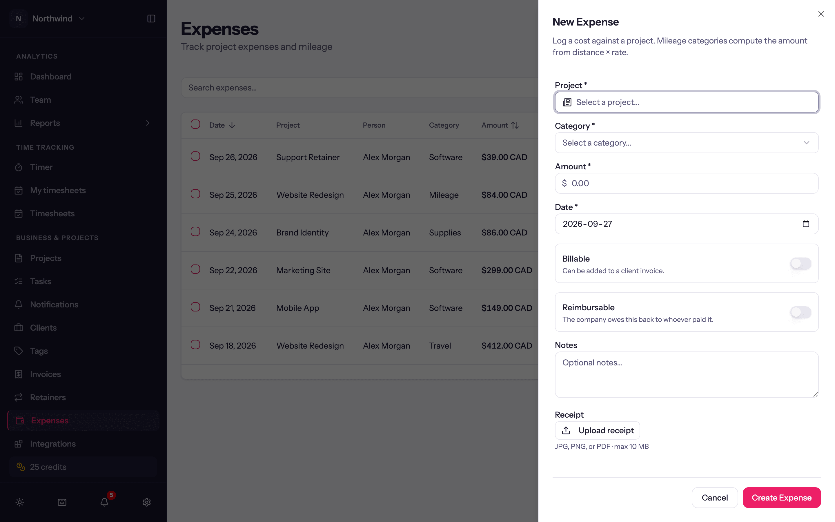 The expense sheet: project, category, amount, date, billable, reimbursable, notes and receipt.
