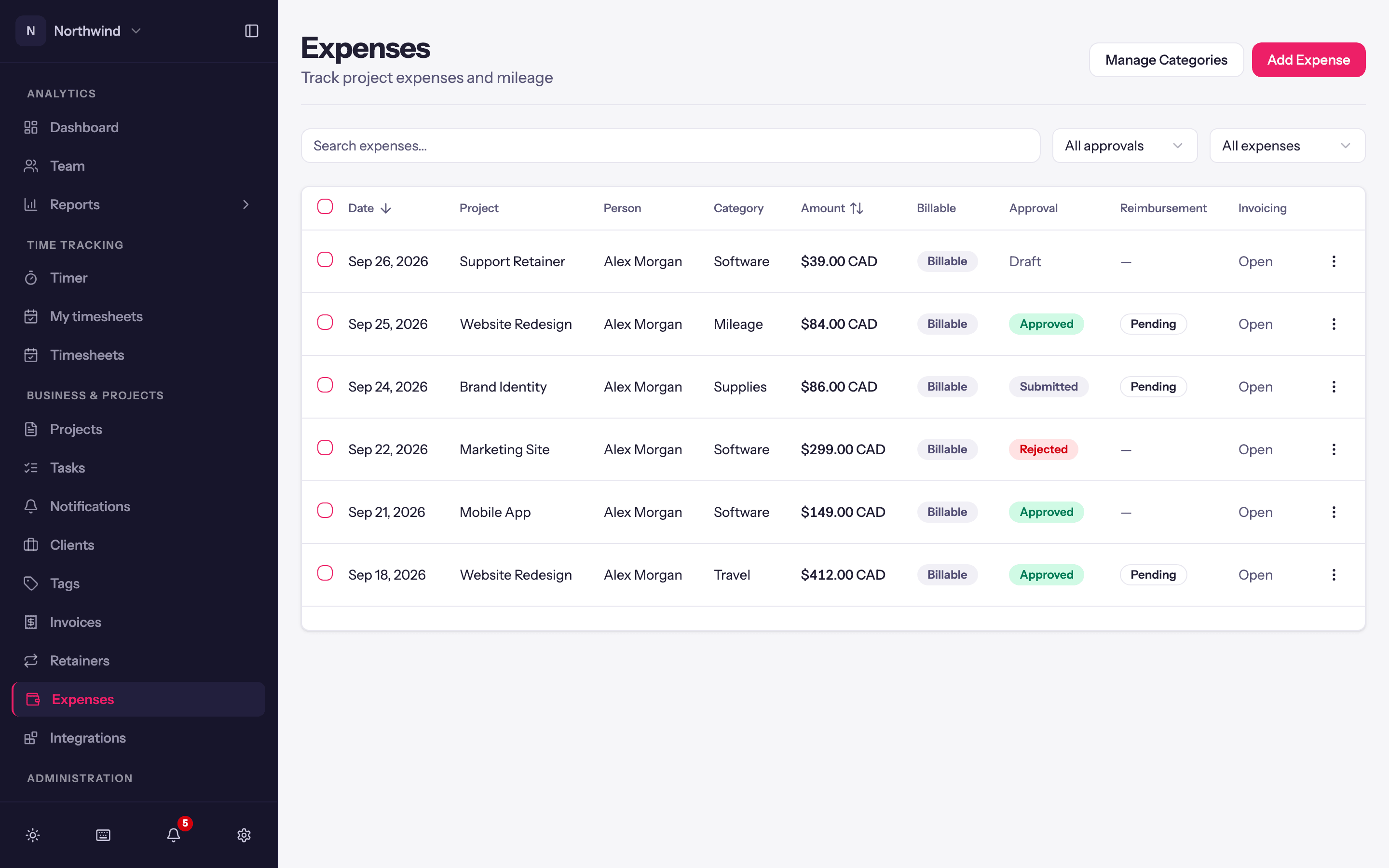 The Expenses page: one row per expense with approval, reimbursement and invoicing status columns.