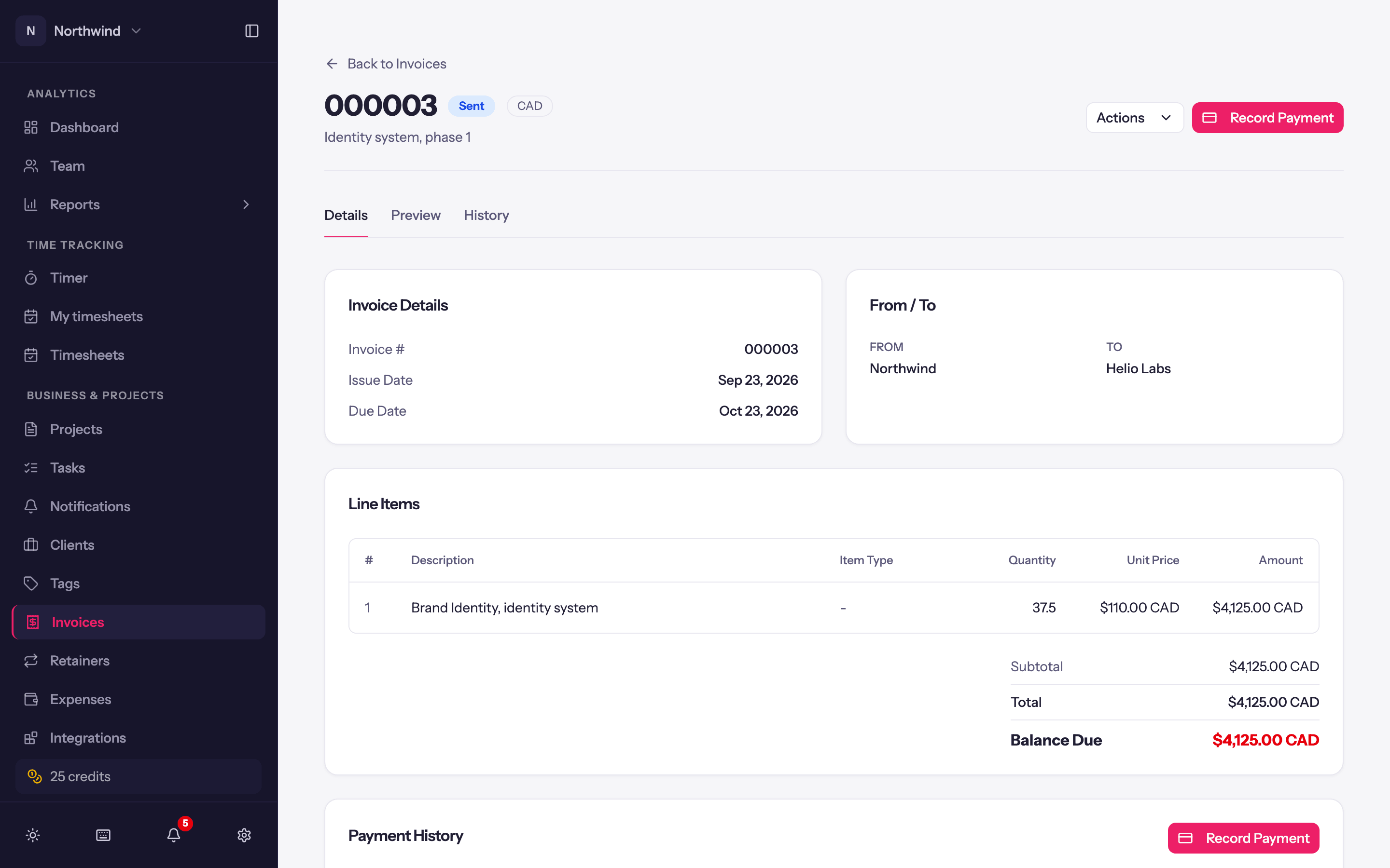 An invoice page: status badge, primary actions, the ⋯ menu, and the Details, Preview and History tabs.