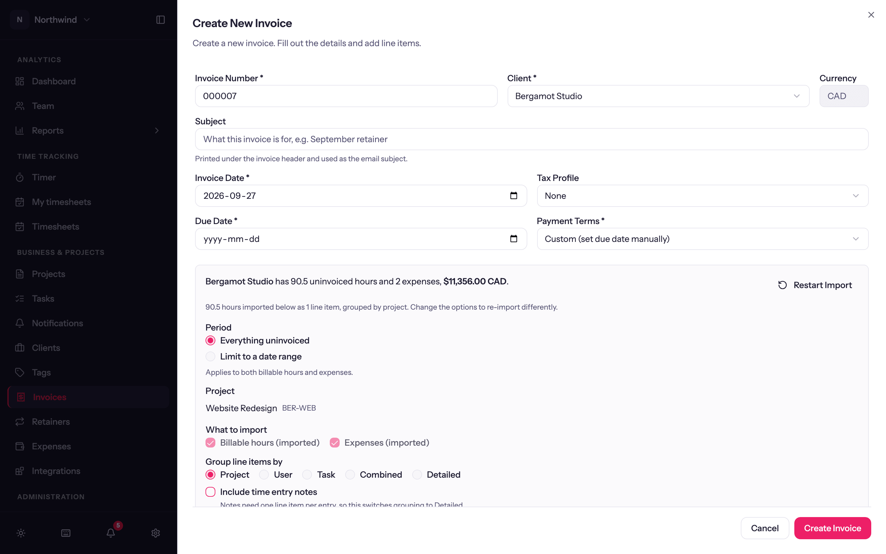The invoice sheet: header fields, the import panel with projects as rows, and the imported line items.