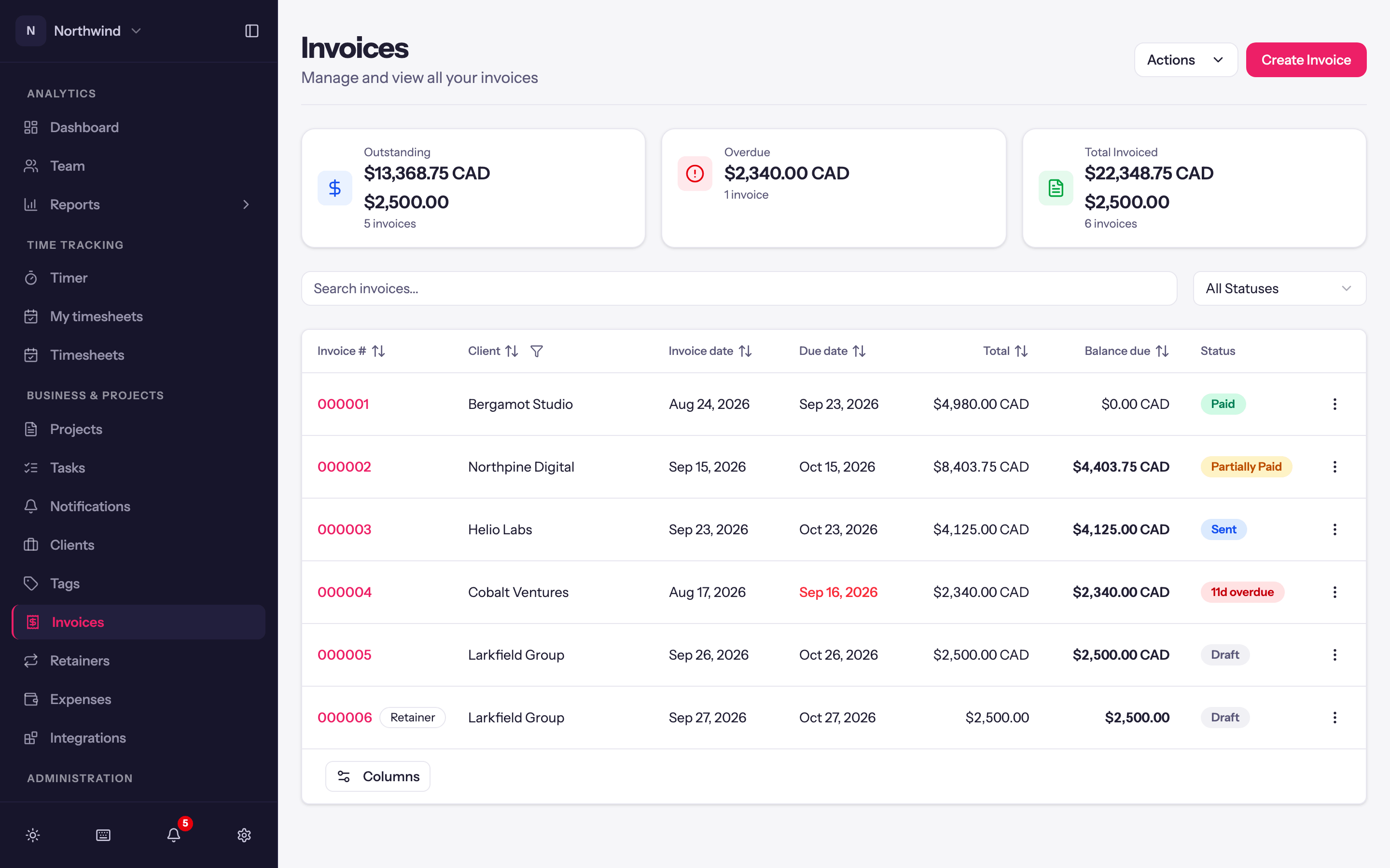 The Invoices page: Outstanding and Total Invoiced at the top, then the list with a status badge on every row.