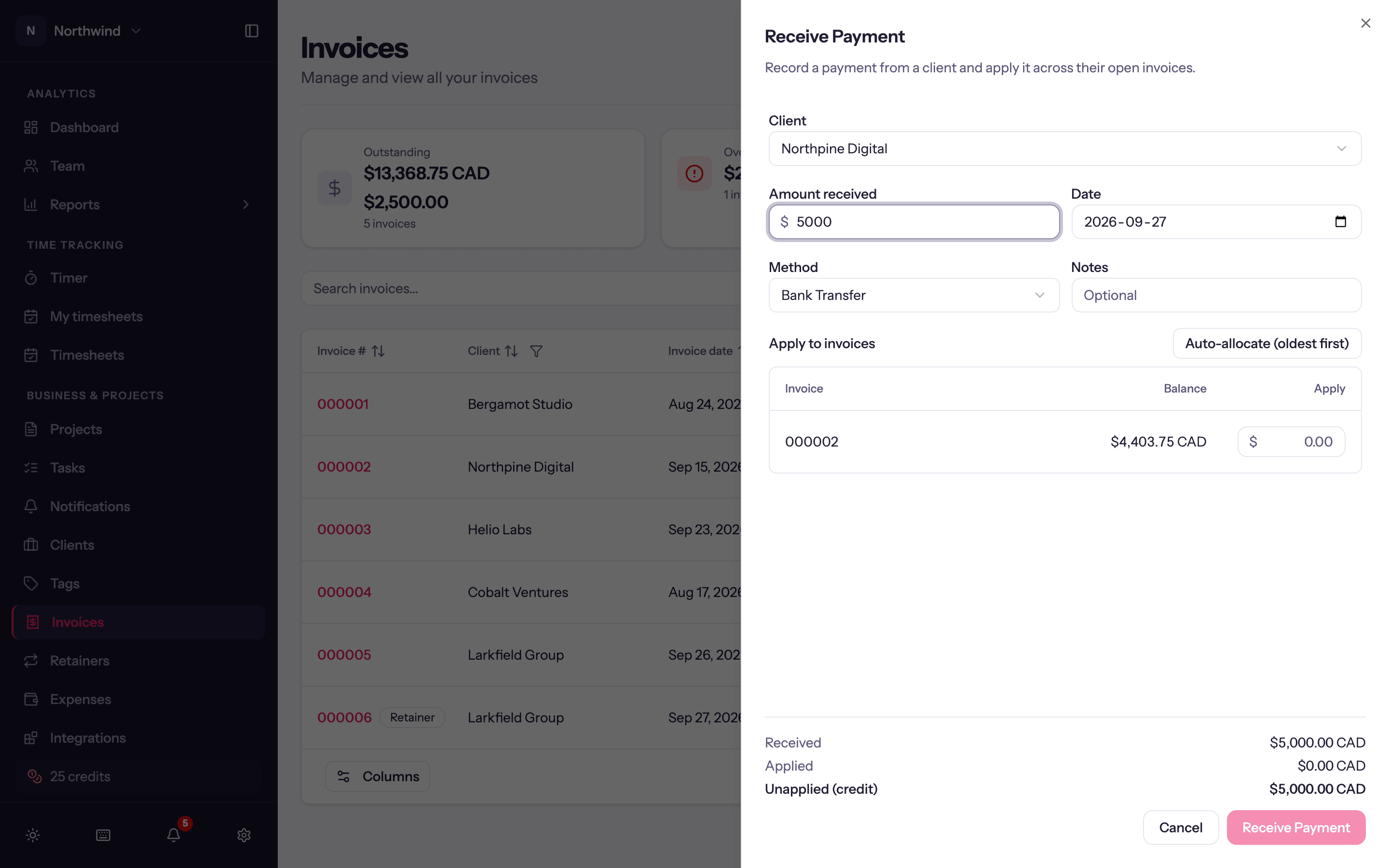 The Receive Payment sheet: one amount applied across a client's open invoices.