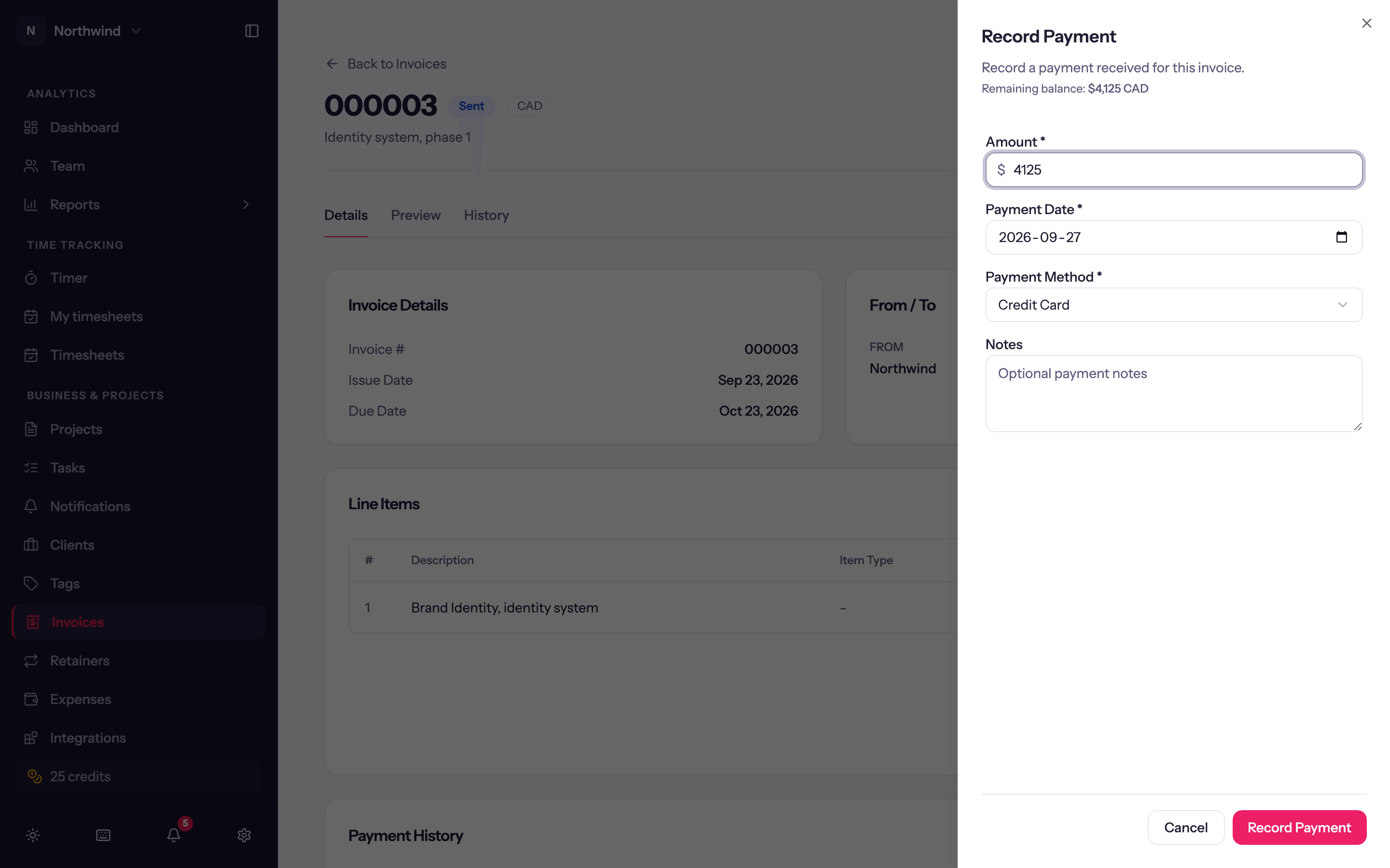 The Record Payment sheet on an invoice.