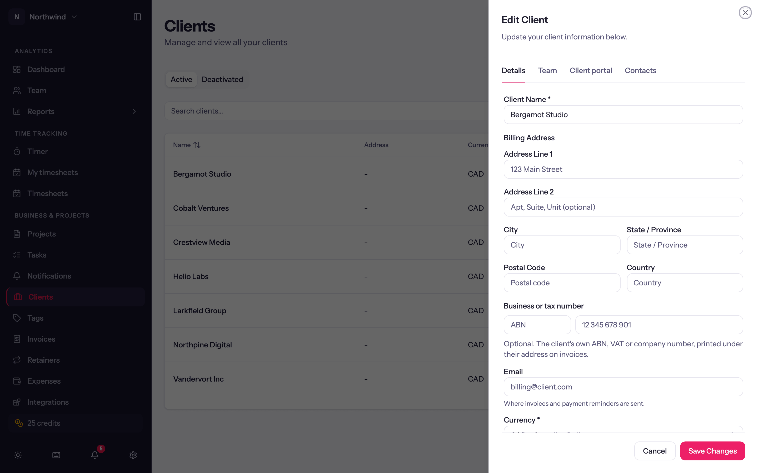 The client sheet: billing details, terms, reminders, client managers and leads, and contacts.
