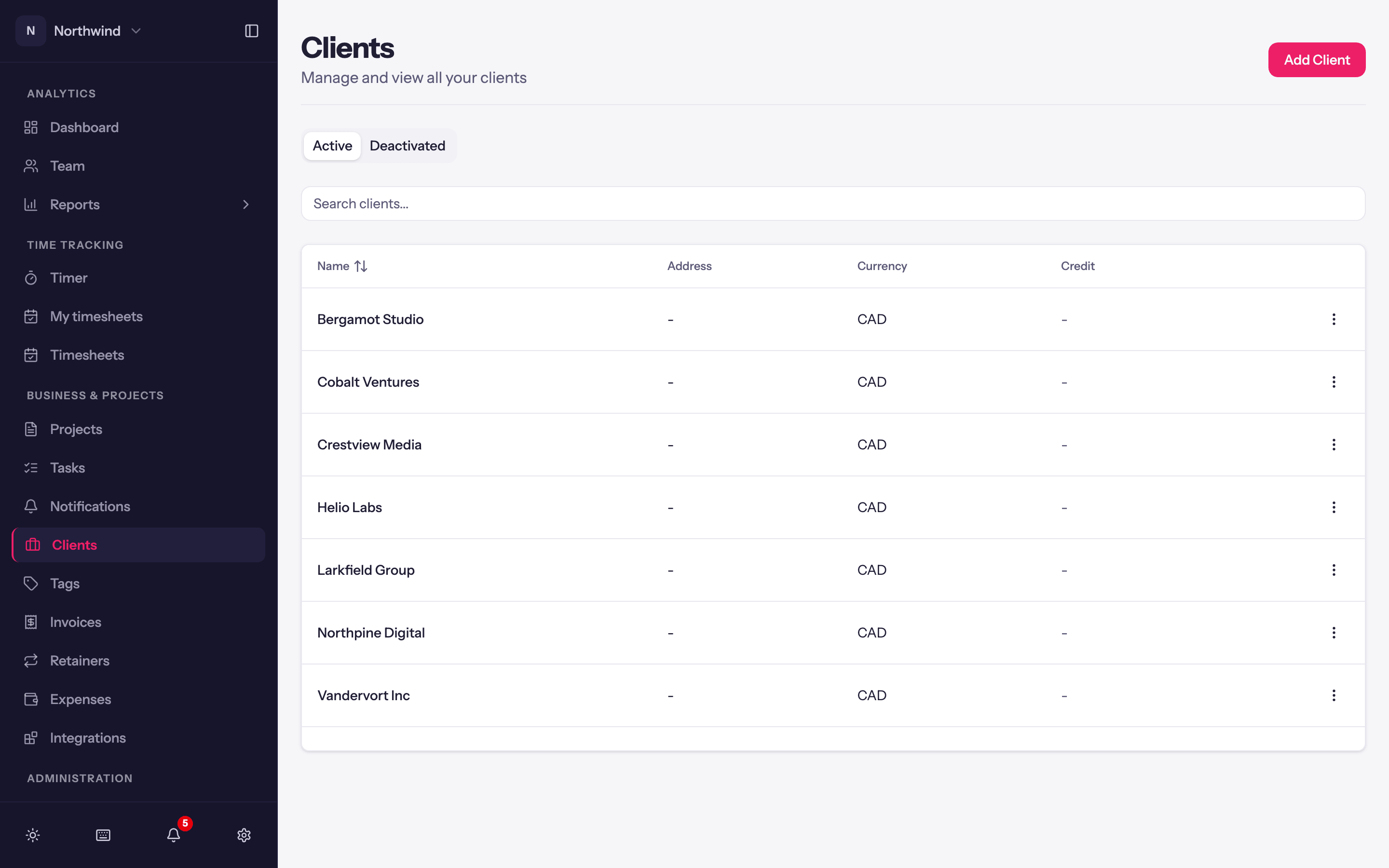 The Clients list, showing each client's projects and status, with Add Client at the top.