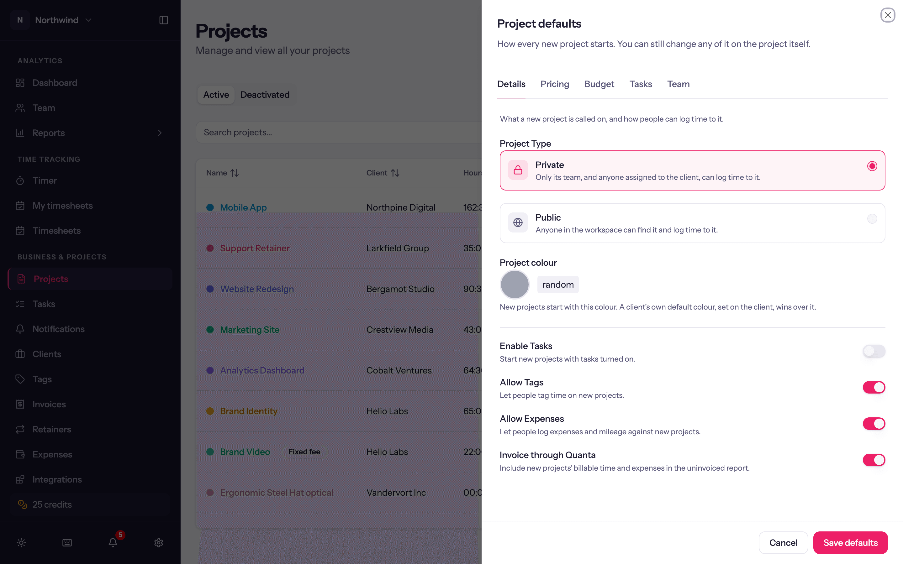 The Project defaults sheet: how every new project starts.