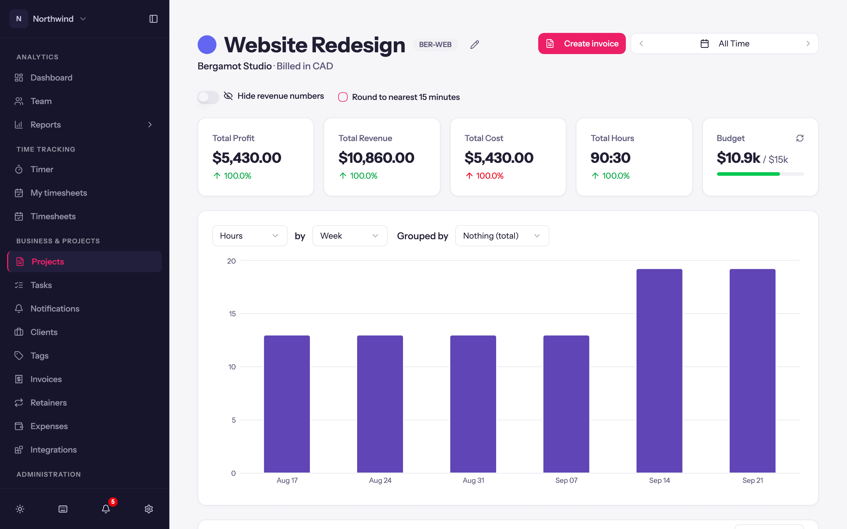 A project page: the header with client and billing details, stat cards, the hours chart and the tabs underneath.