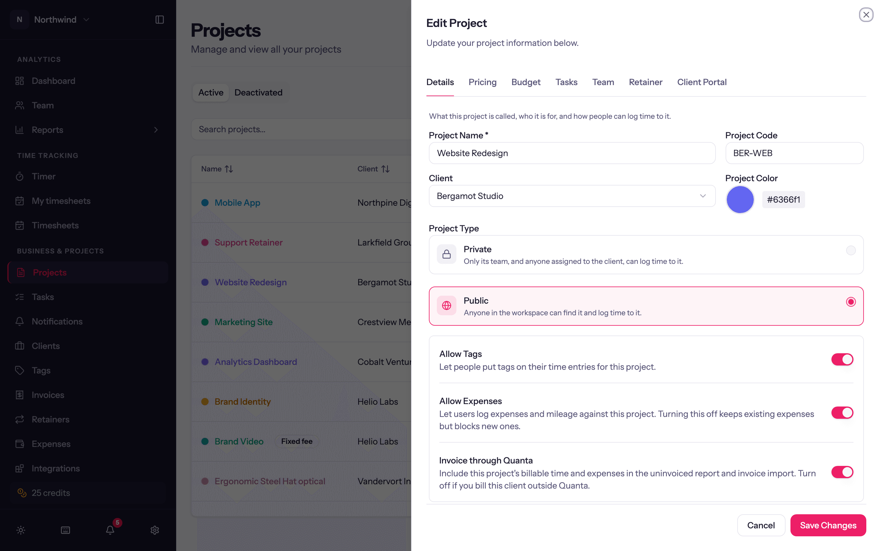 The project sheet on its Details tab.