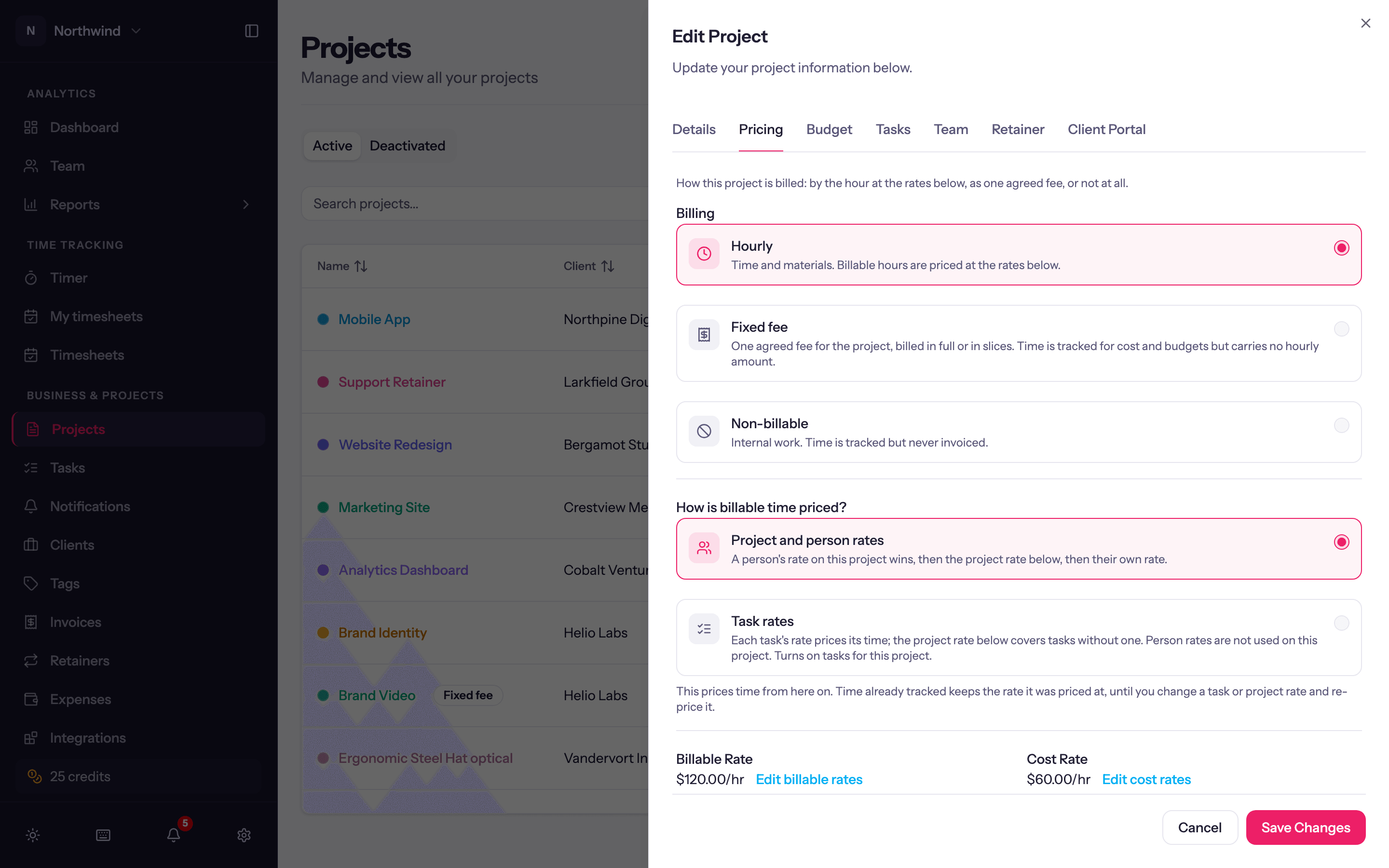 The Pricing tab: Hourly, Fixed fee or Non-billable, how billable time is priced, and the rates.