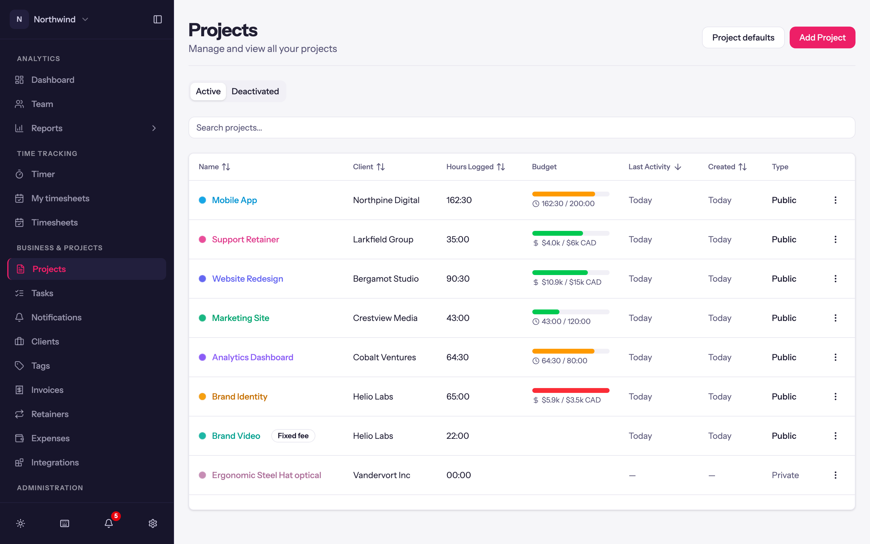 The Projects list with the Add Project and Project defaults buttons, and one project's row menu open.