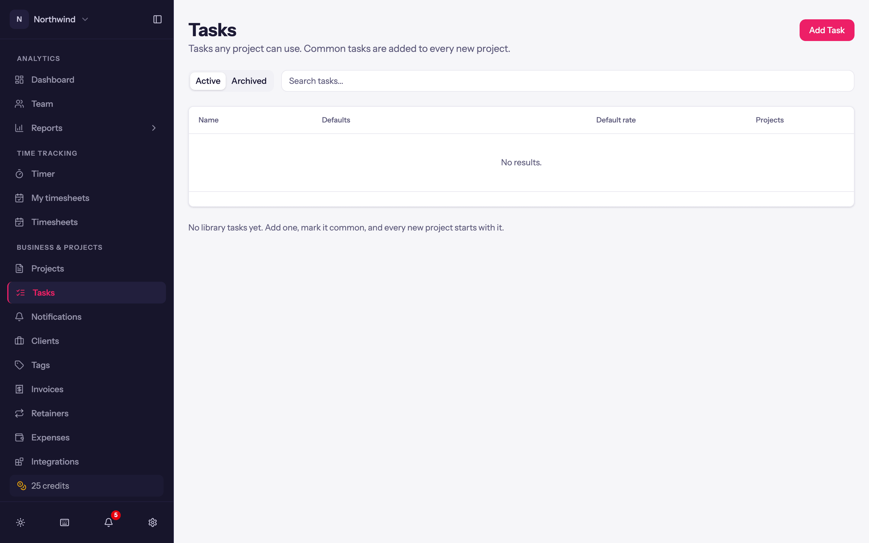 The task library under Business & Projects → Tasks.