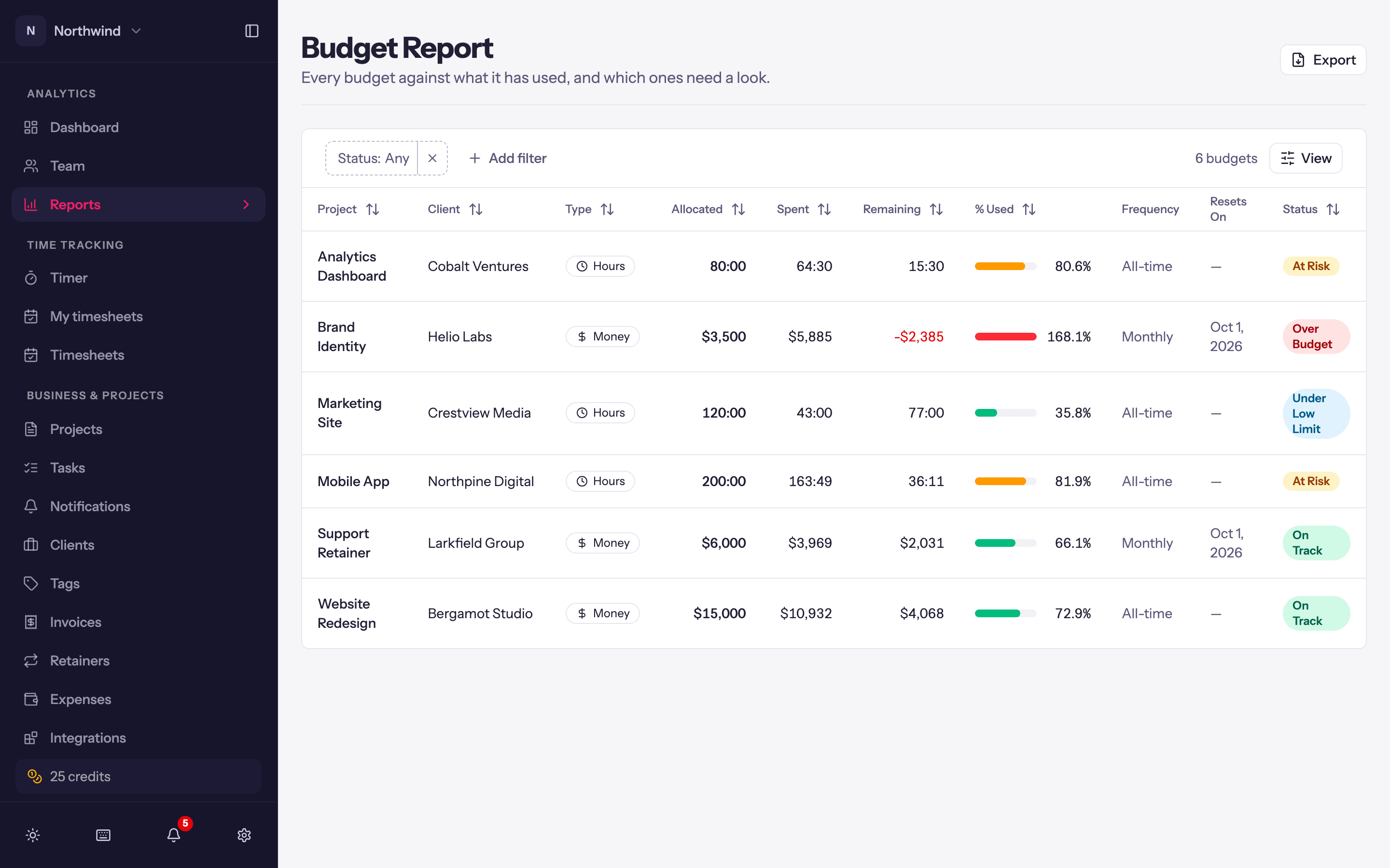 The Budget report: one row per budget with type, amount, spent, remaining, a progress bar, status, frequency and reset date.