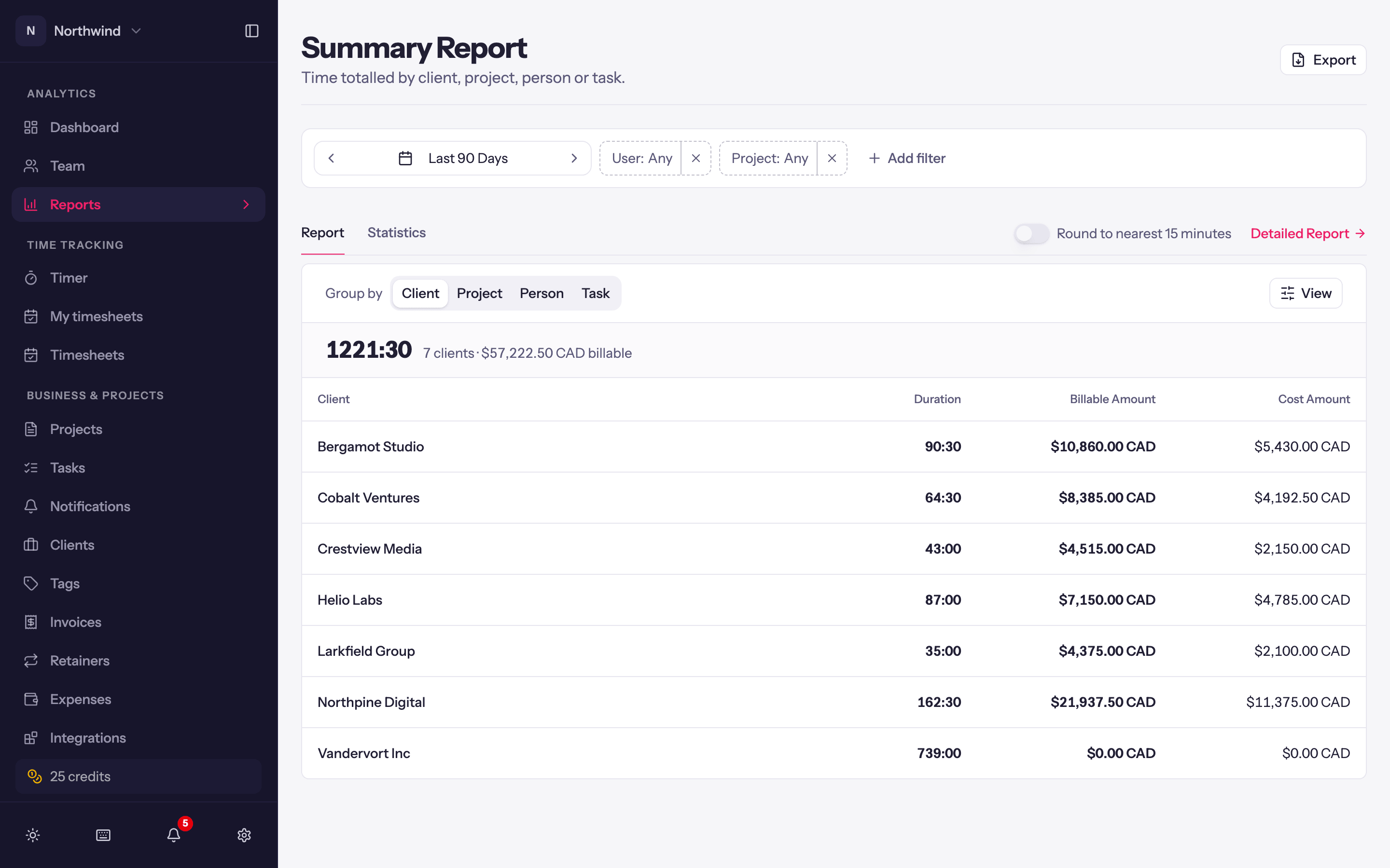The Summary report grouped by client: the period's total, then each client's duration, billable amount and cost amount.