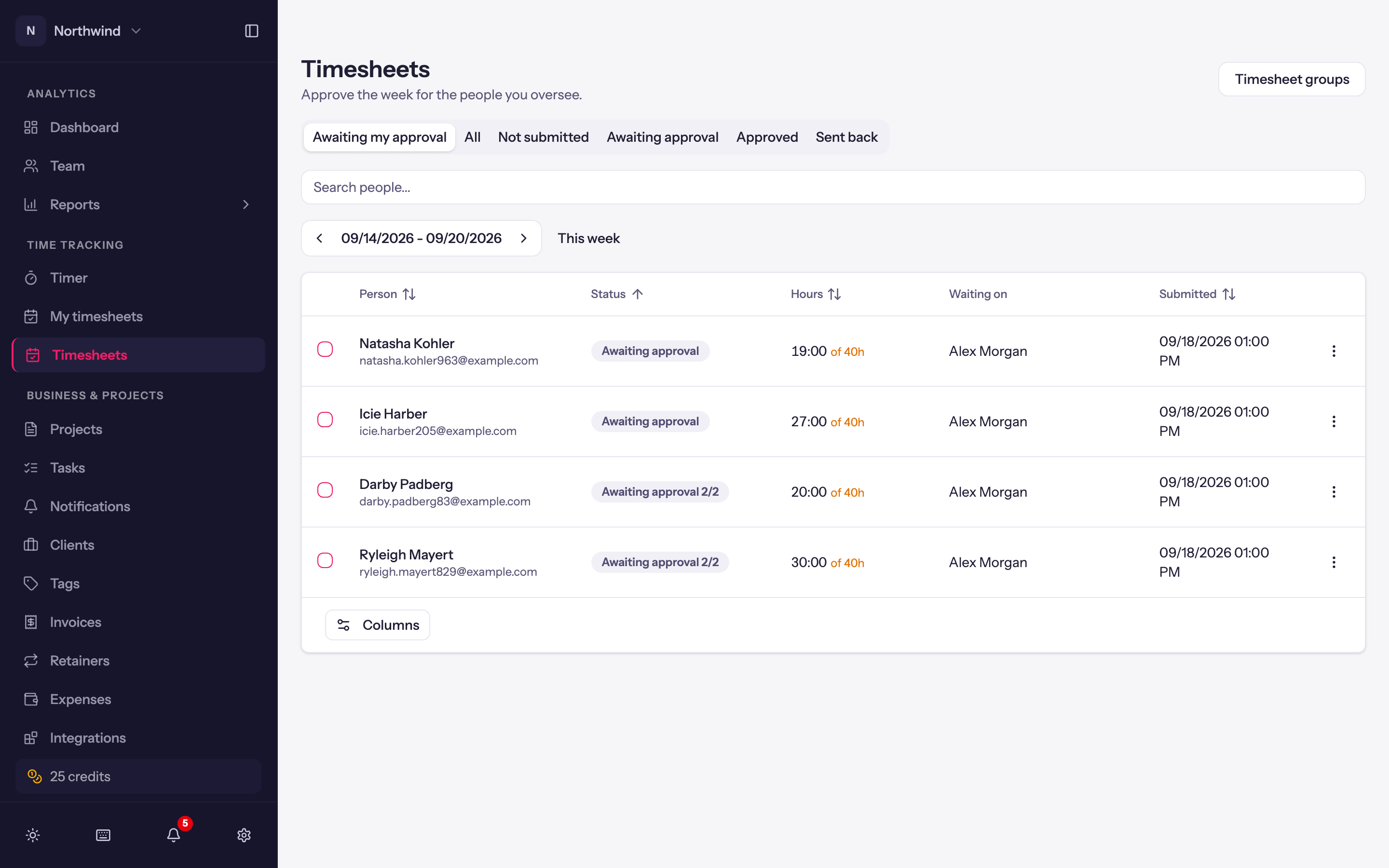 The Timesheets page for an approver: weeks awaiting approval with hours against the minimum.