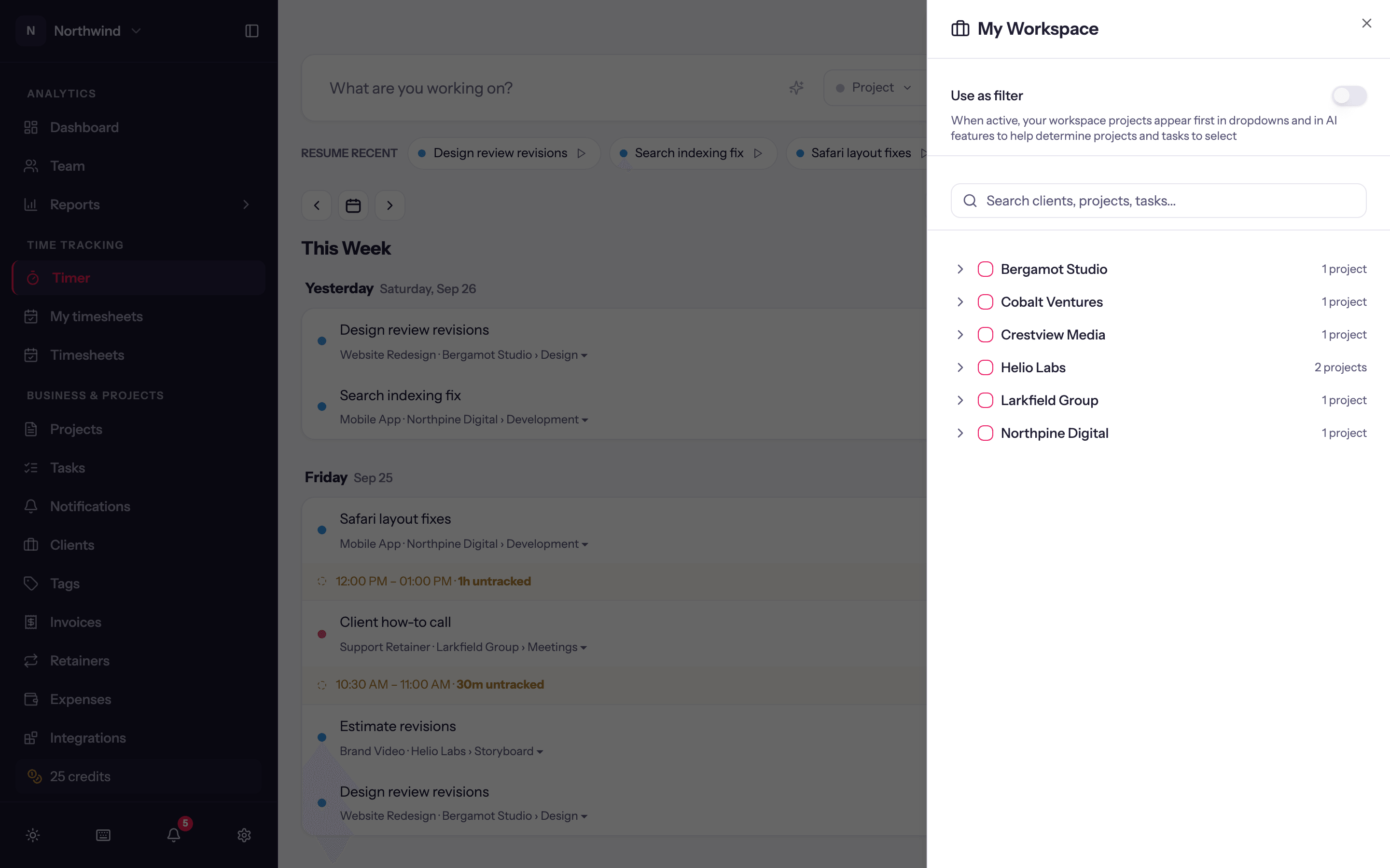 The My Workspace panel: tick clients, projects or tasks to pin them, with Use as filter at the top.
