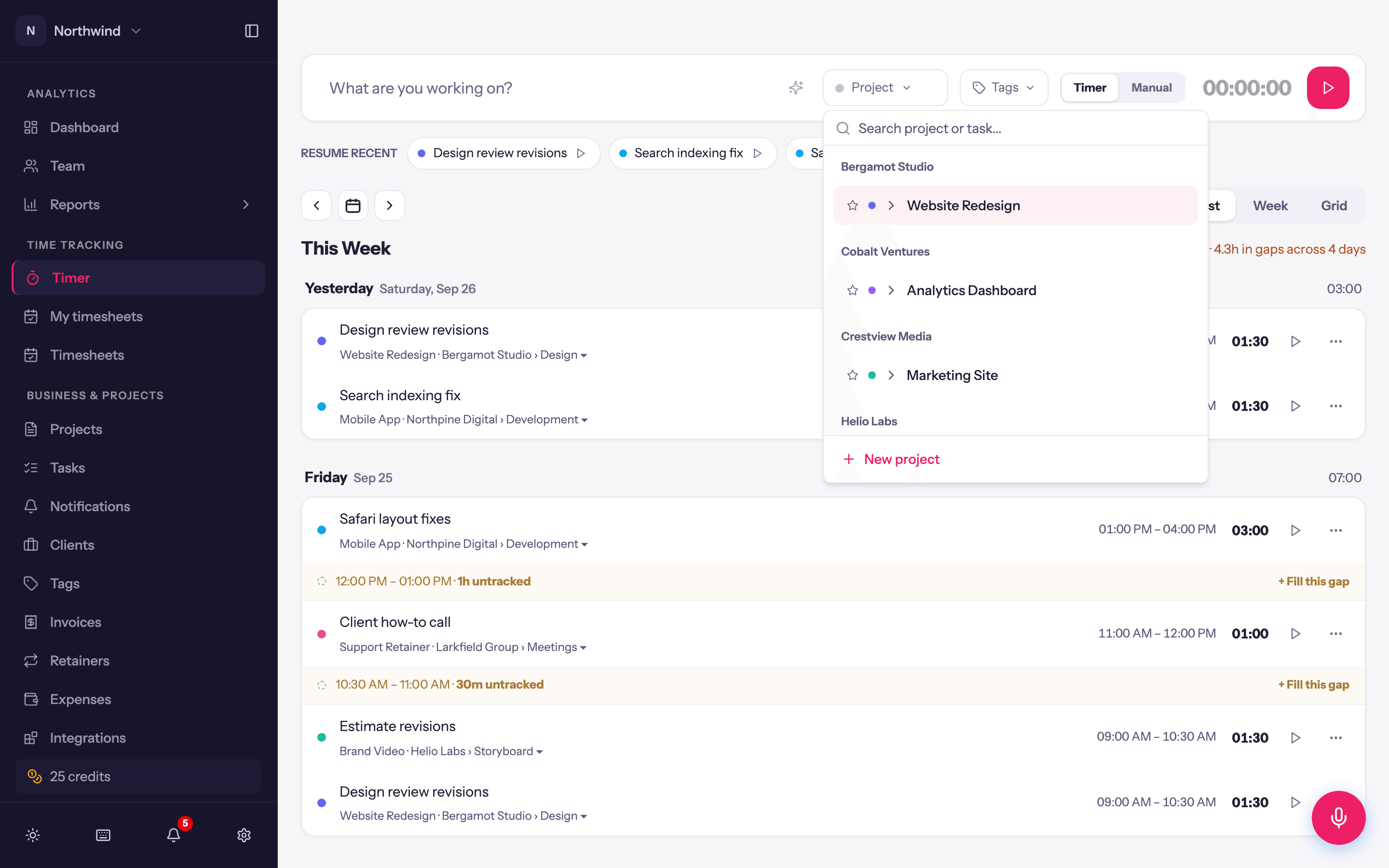 The project picker, opened from the Project button or by typing @ in the description.