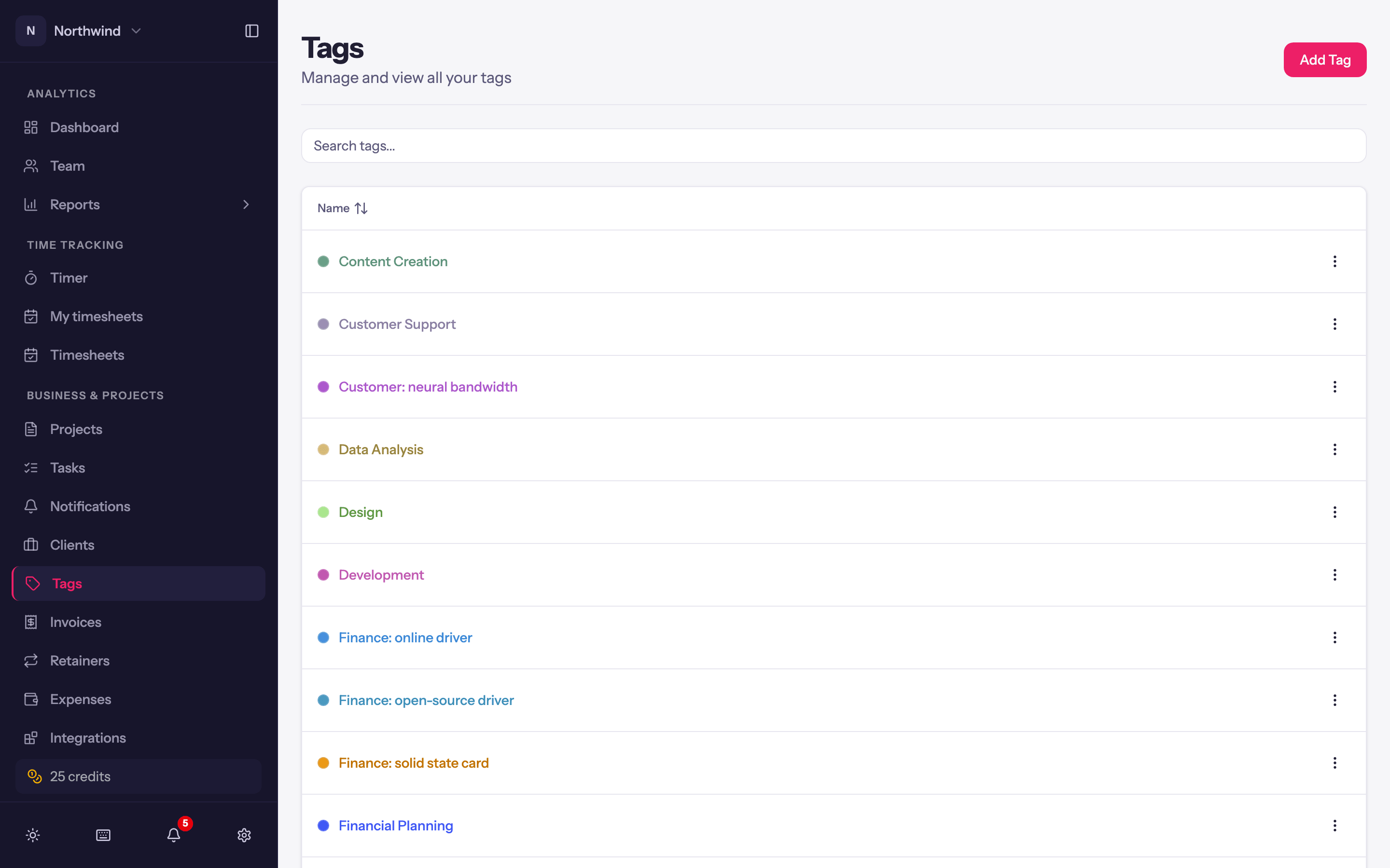 The Tags page: every tag in the workspace with its colour.