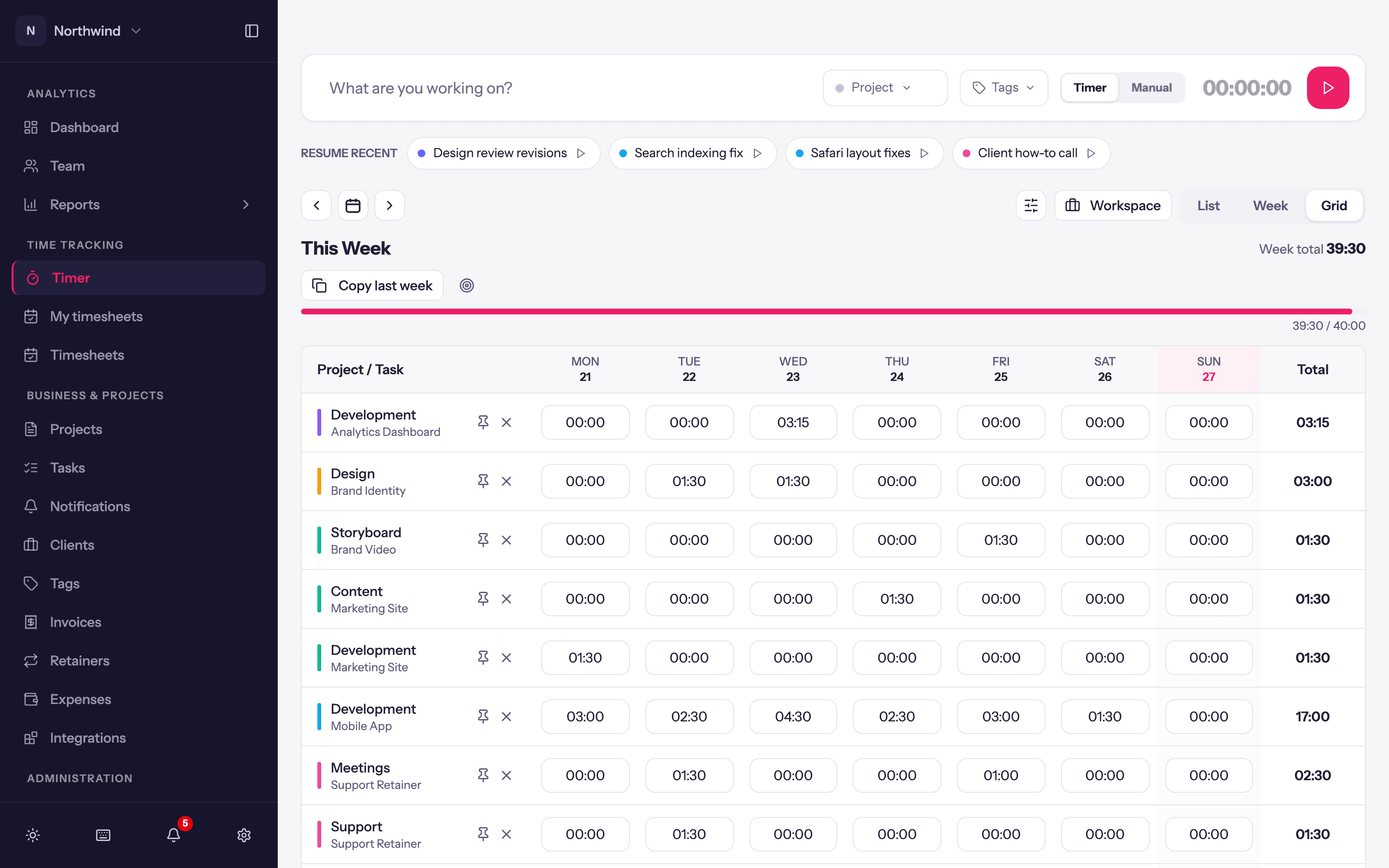 Grid view: one row per project or task, the week across the top, hours in the cells and totals down the right.