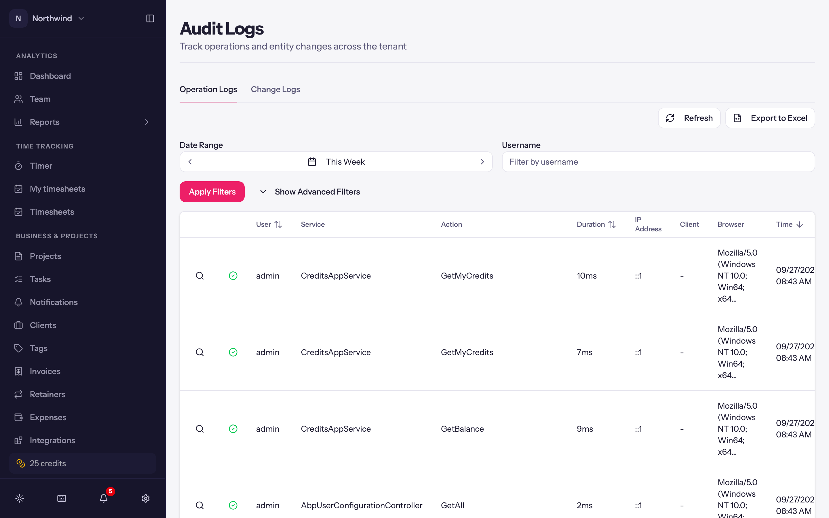 Audit Logs: the Operation Logs tab with its filters.