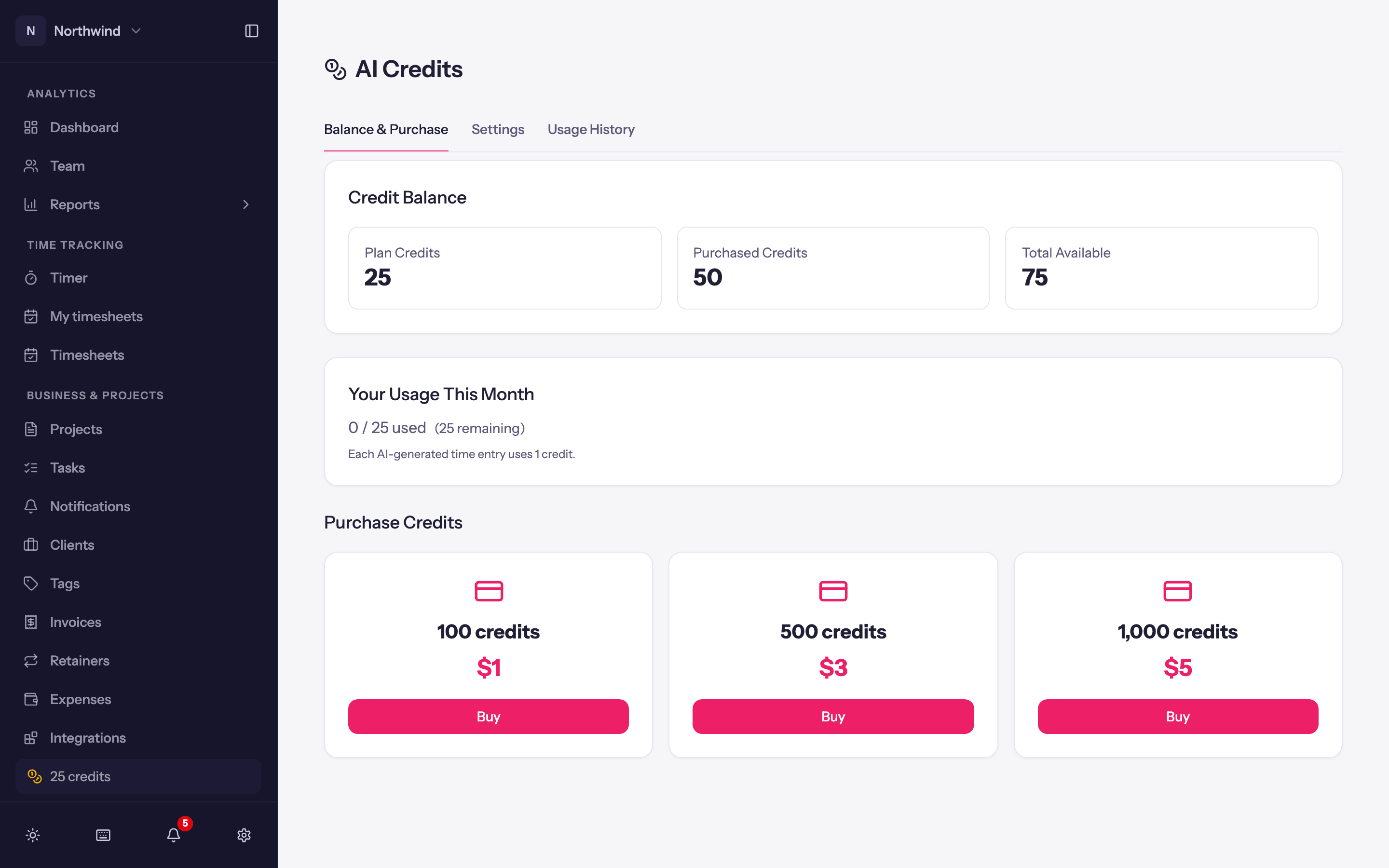 The AI Credits page: balance, purchase packs, settings and usage history.