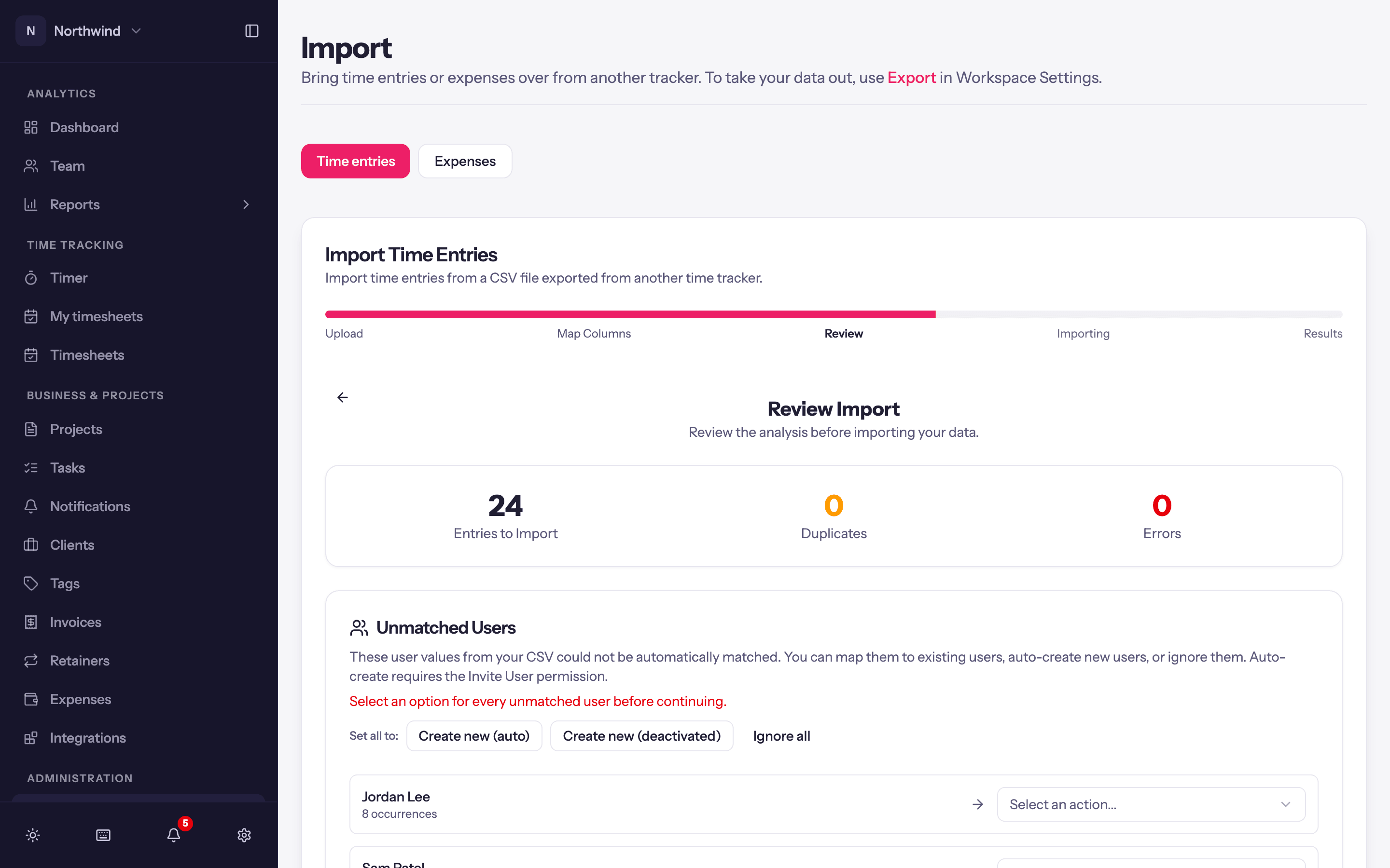 The Review step: entries to import, duplicates and errors, then the unmatched users and member rates.
