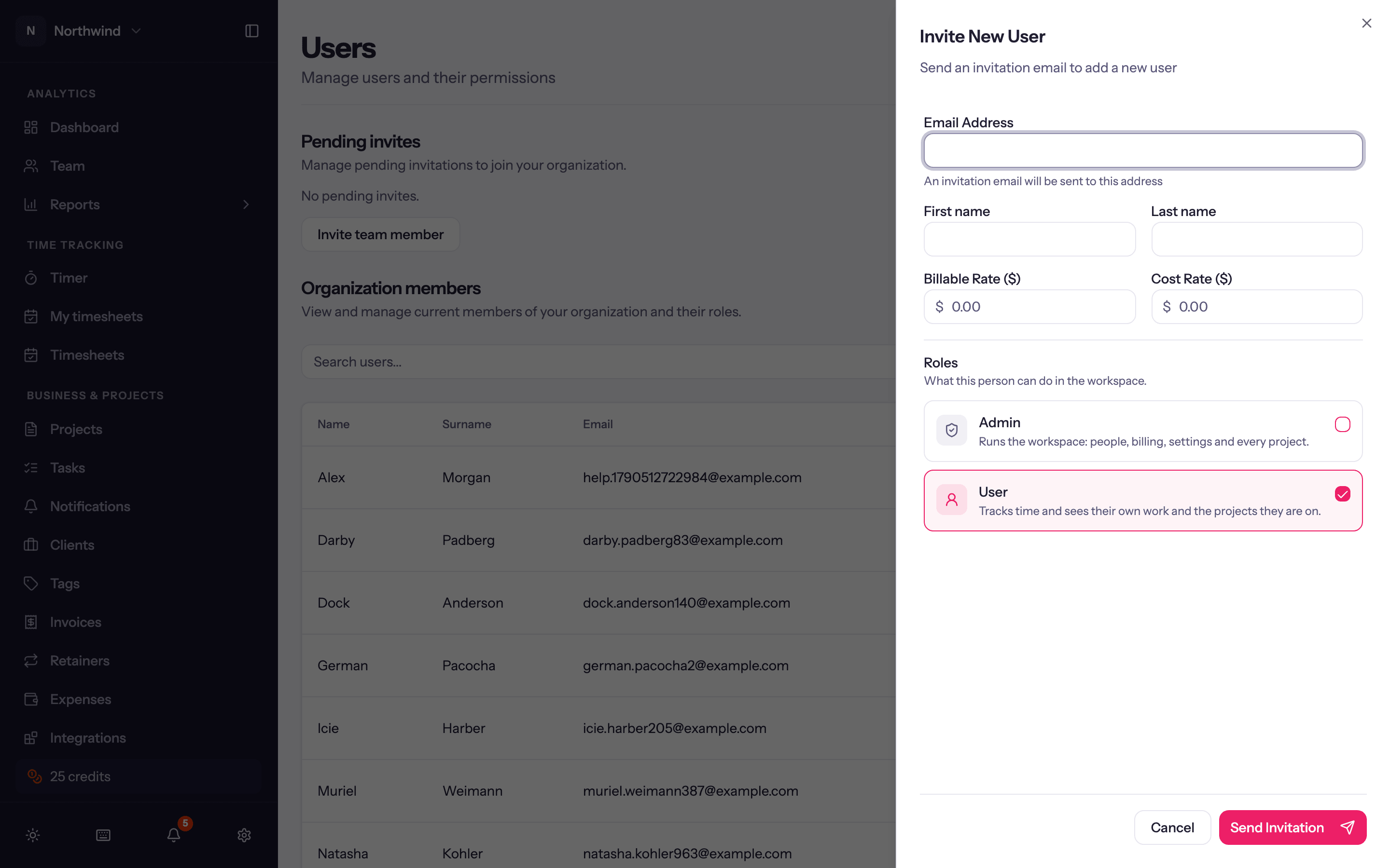 The Invite User sheet.