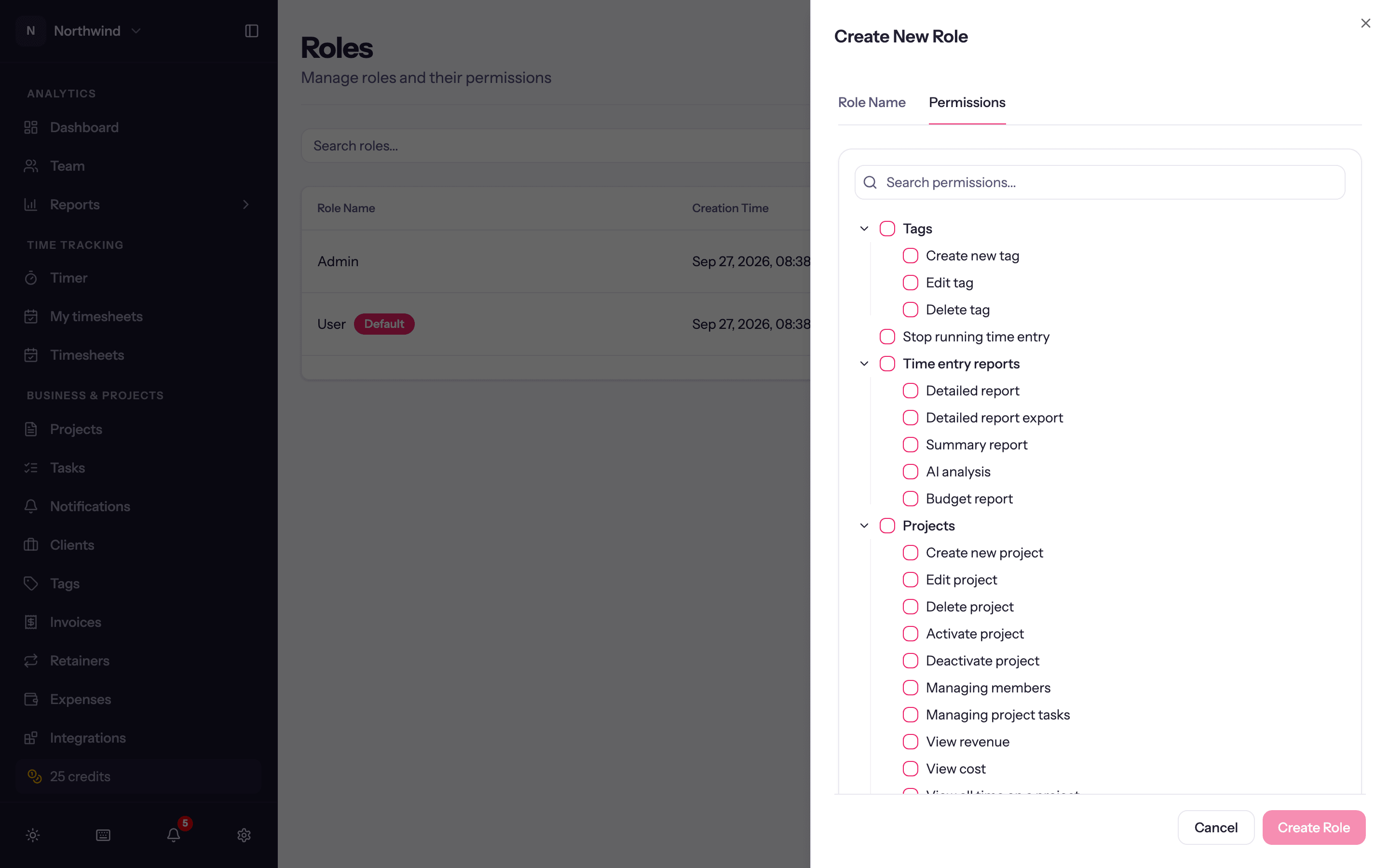 The role sheet on its Permissions tab.