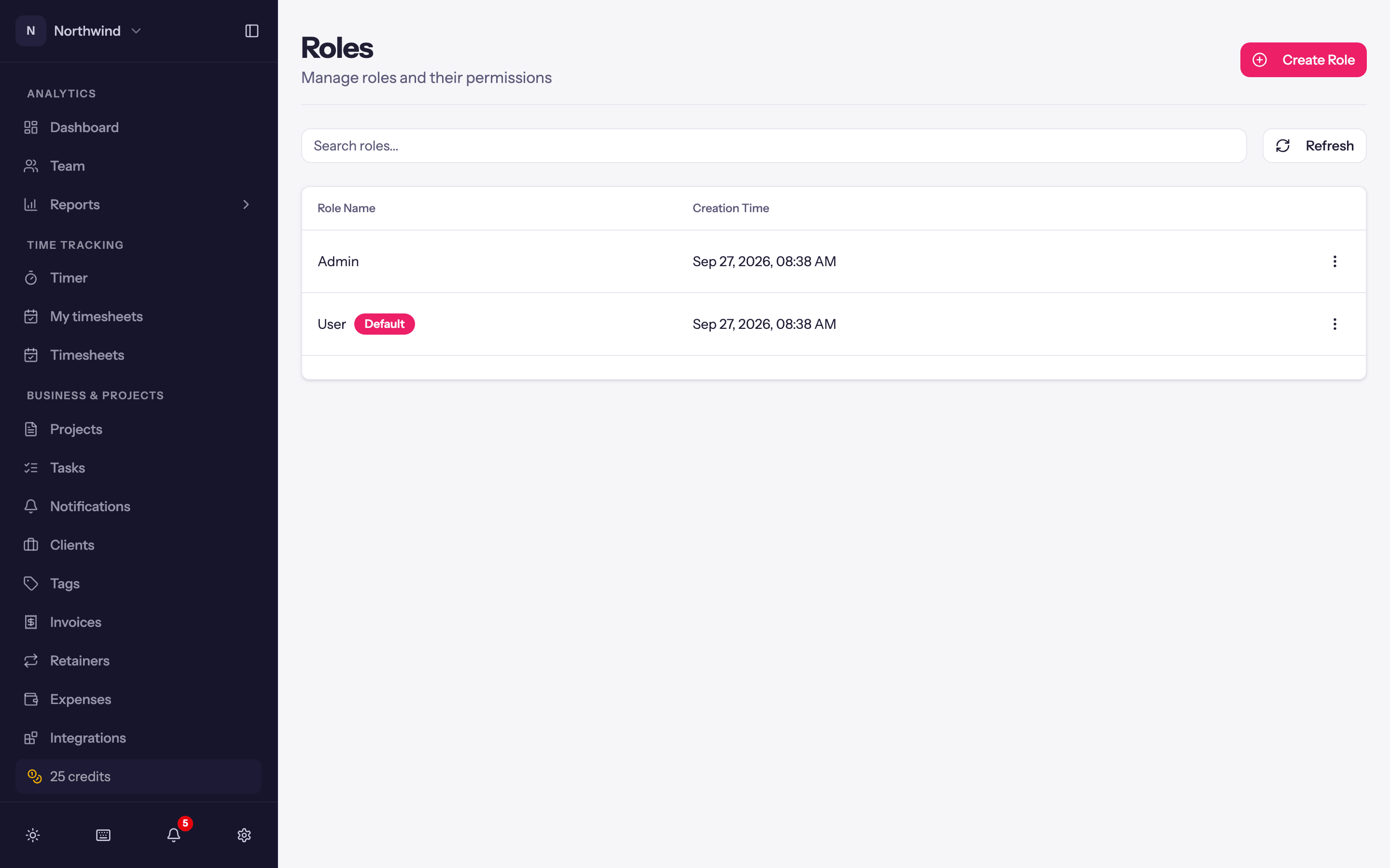 The Roles page with the built-in Admin and User roles.