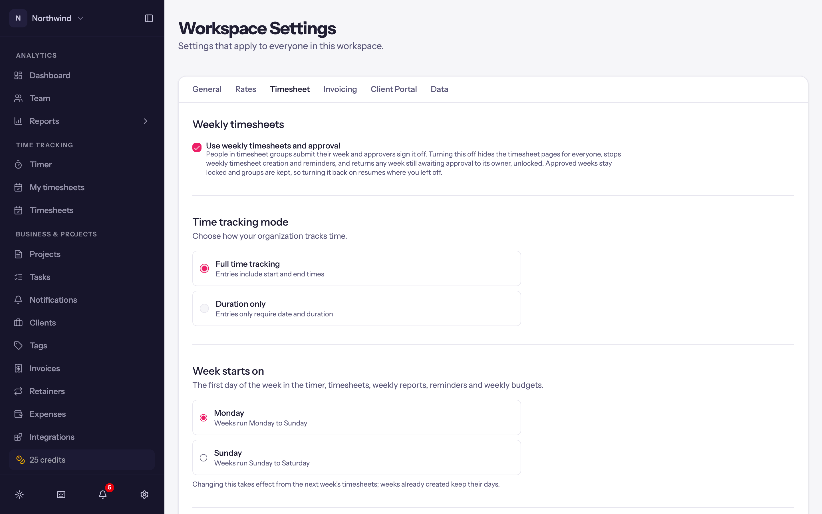 The Timesheet tab: weekly timesheets, time tracking mode and required fields.