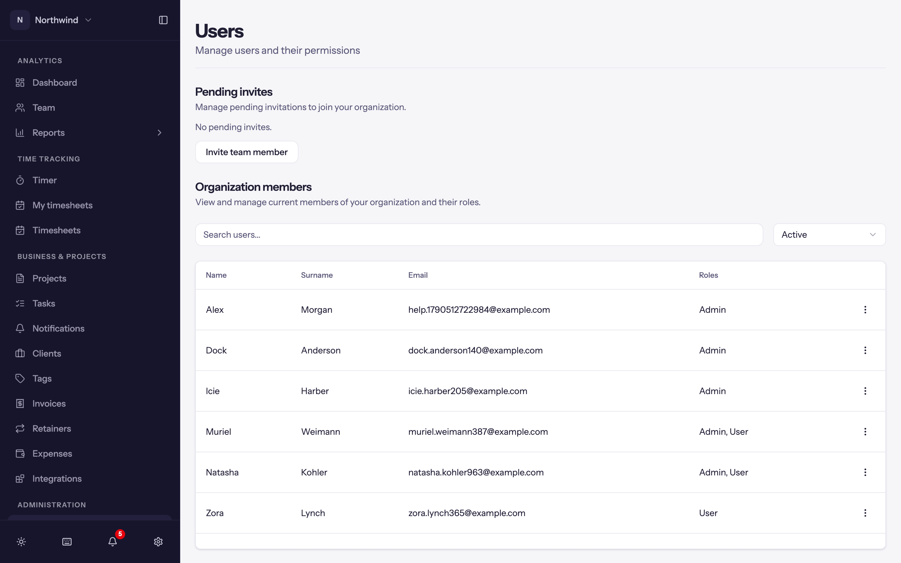 The Users page: pending invites at the top, then organization members with their roles, AI balance and status.