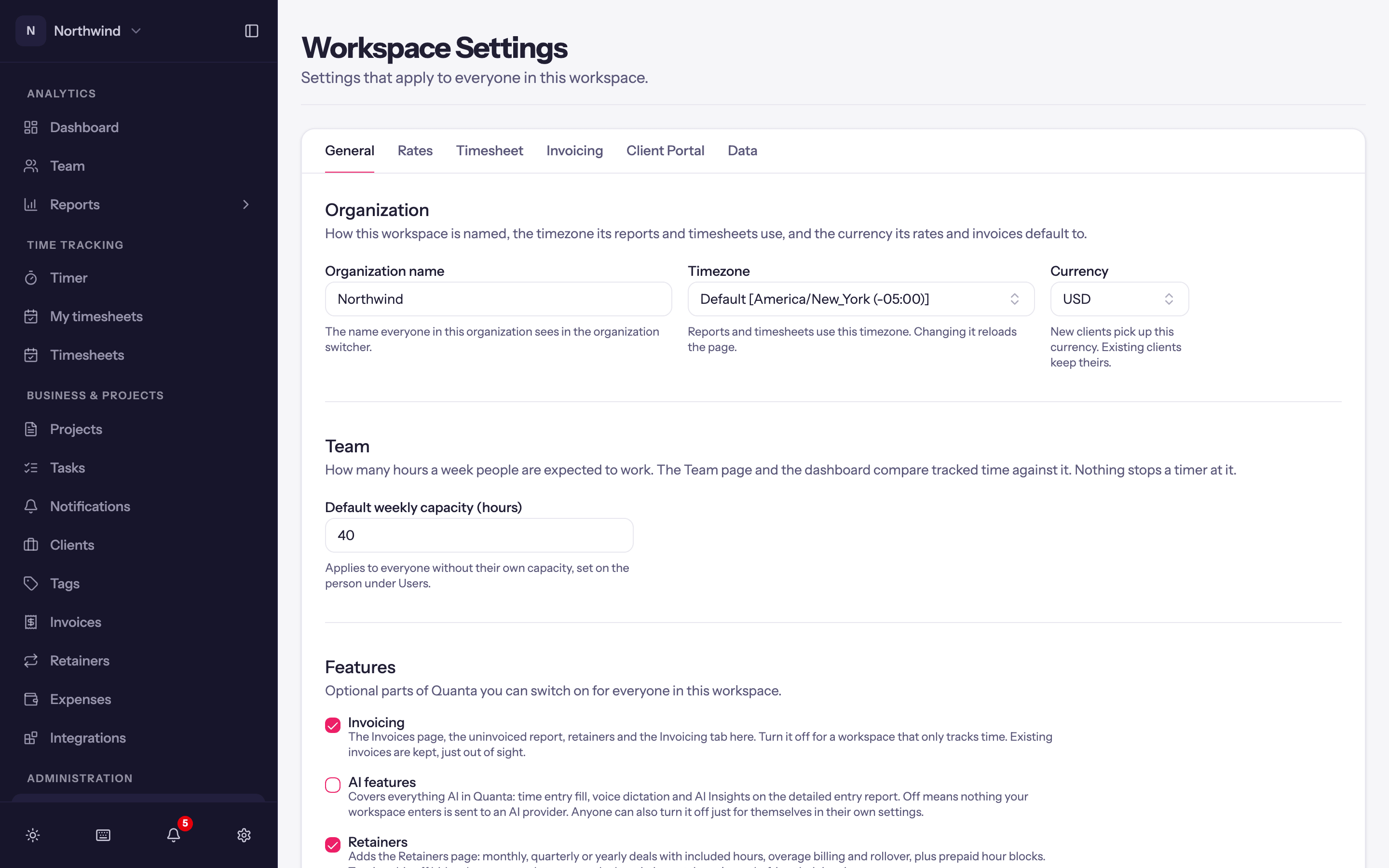 Workspace Settings on the General tab: Organization, Team and Features sections.